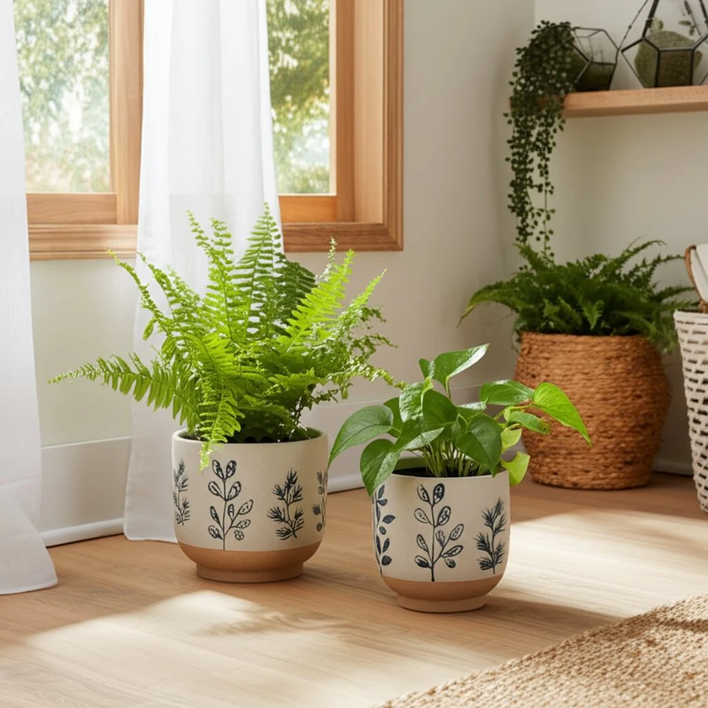 S/2 6/8" Hand Painted Leaves Planters, White/blue - Image 9