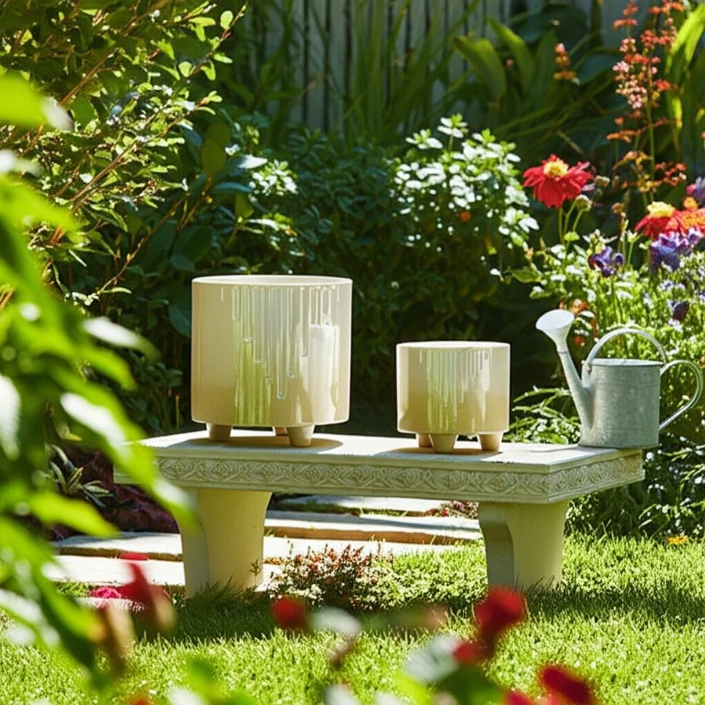 S/2 6/8" Iridescent Line Footed Planters, Ivory - Image 11