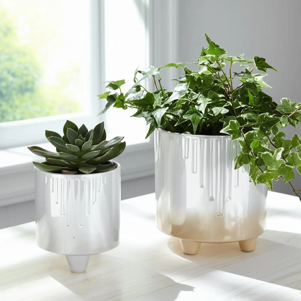S/2 6/8" Iridescent Line Footed Planters, Ivory - Image 12