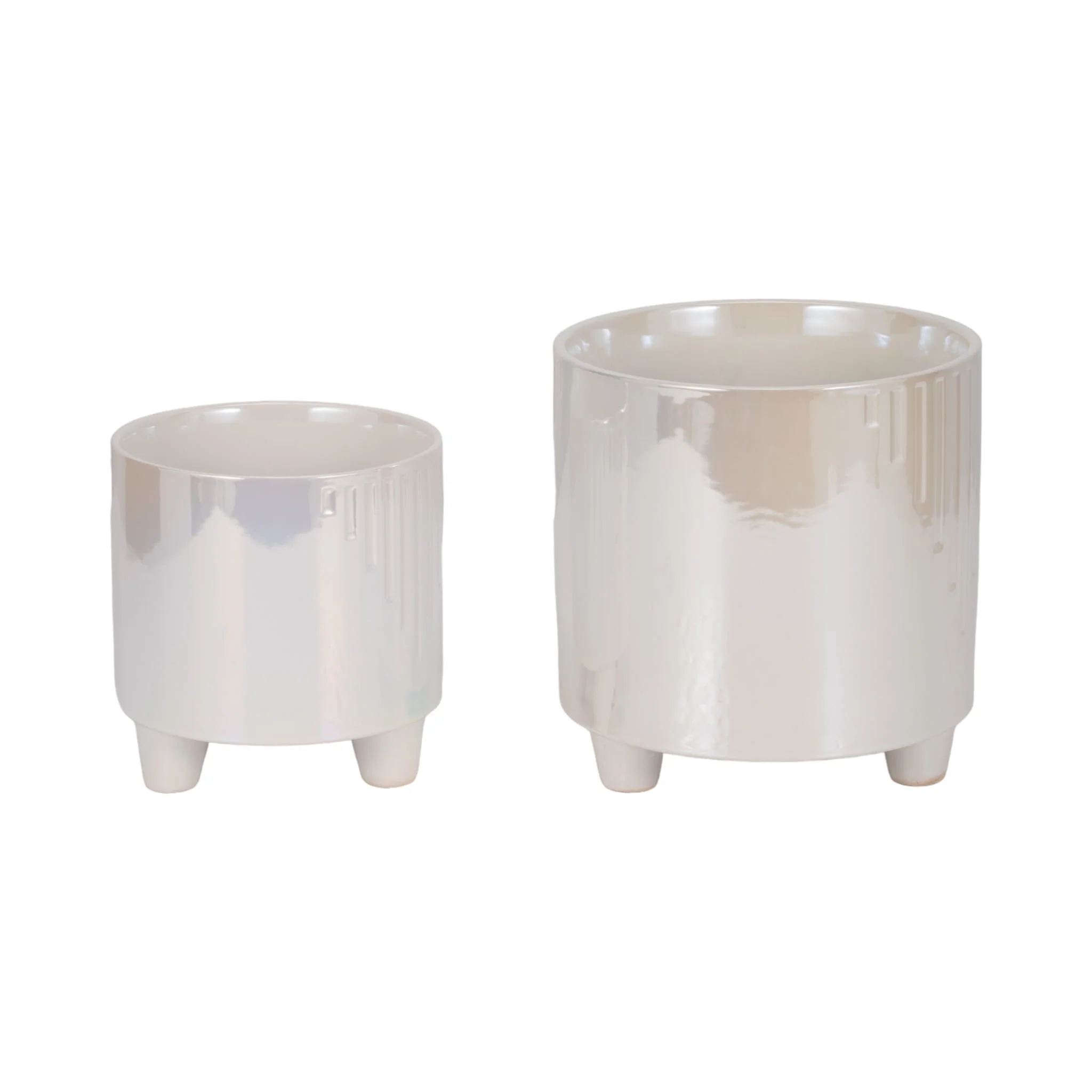 S/2 6/8" Iridescent Line Footed Planters, Ivory - Image 4