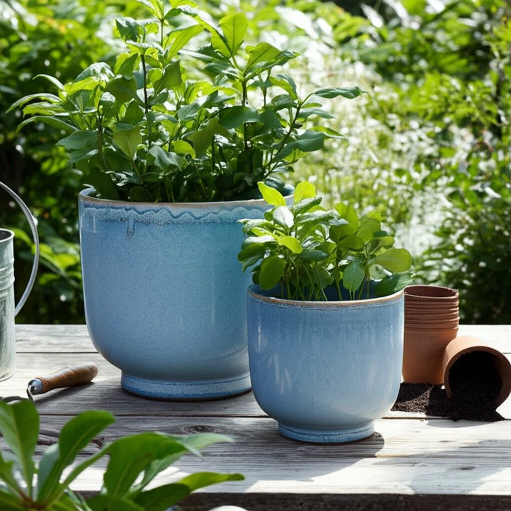 S/2 6/8" Reactive Glazed Planters, Blue - Image 9