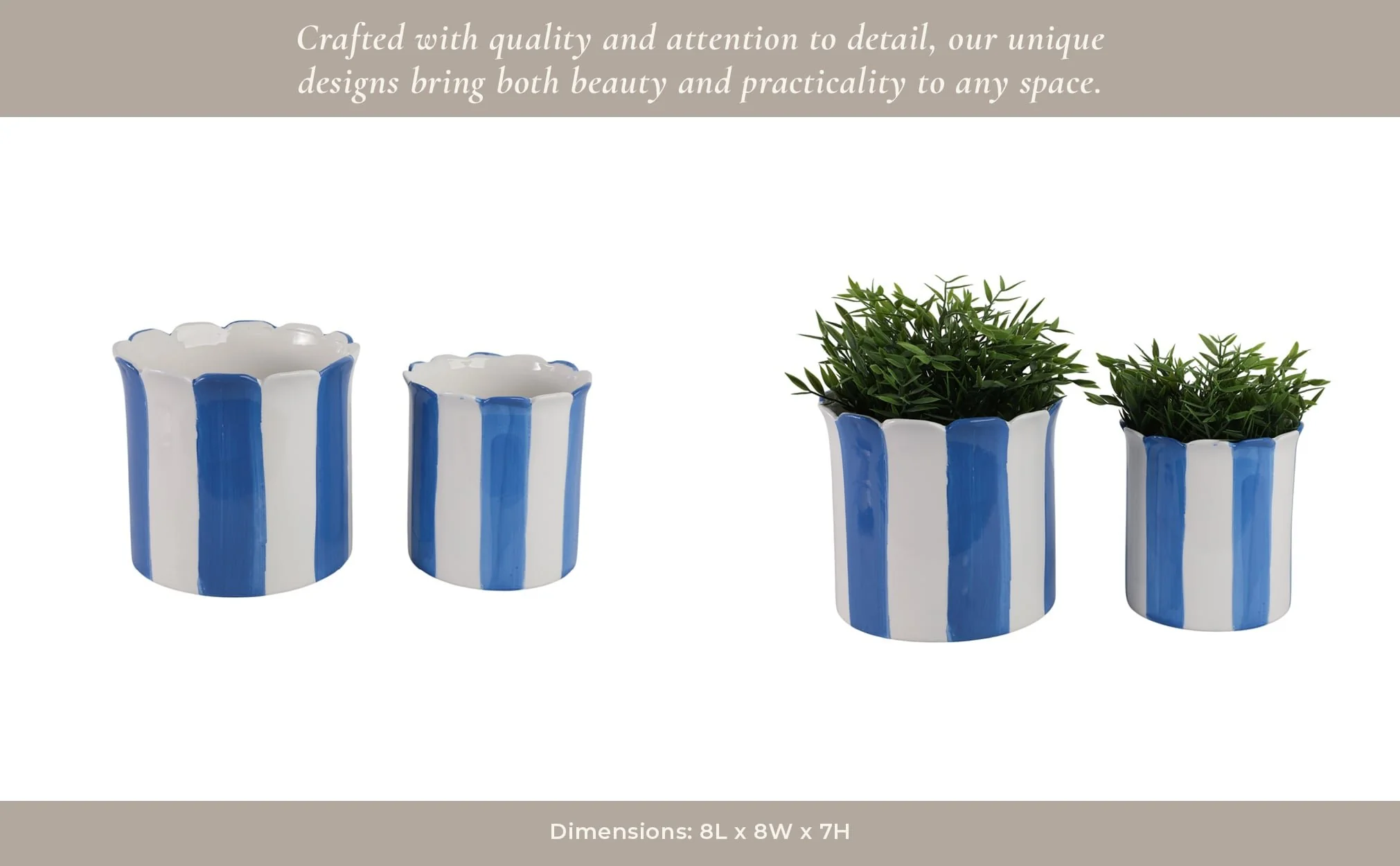 S/2 6/8" Striped Scallop Edge Planters, White/blue - Image 13
