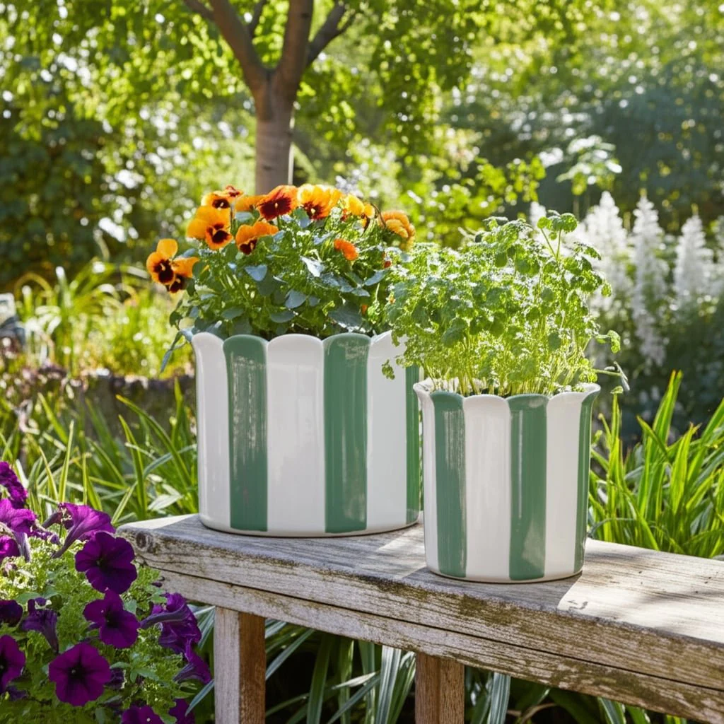 S/2 6/8" Striped Scallop Edge Planters, White/gn - Image 11