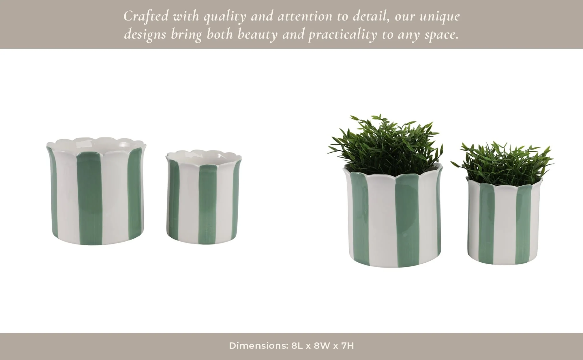 S/2 6/8" Striped Scallop Edge Planters, White/gn - Image 13