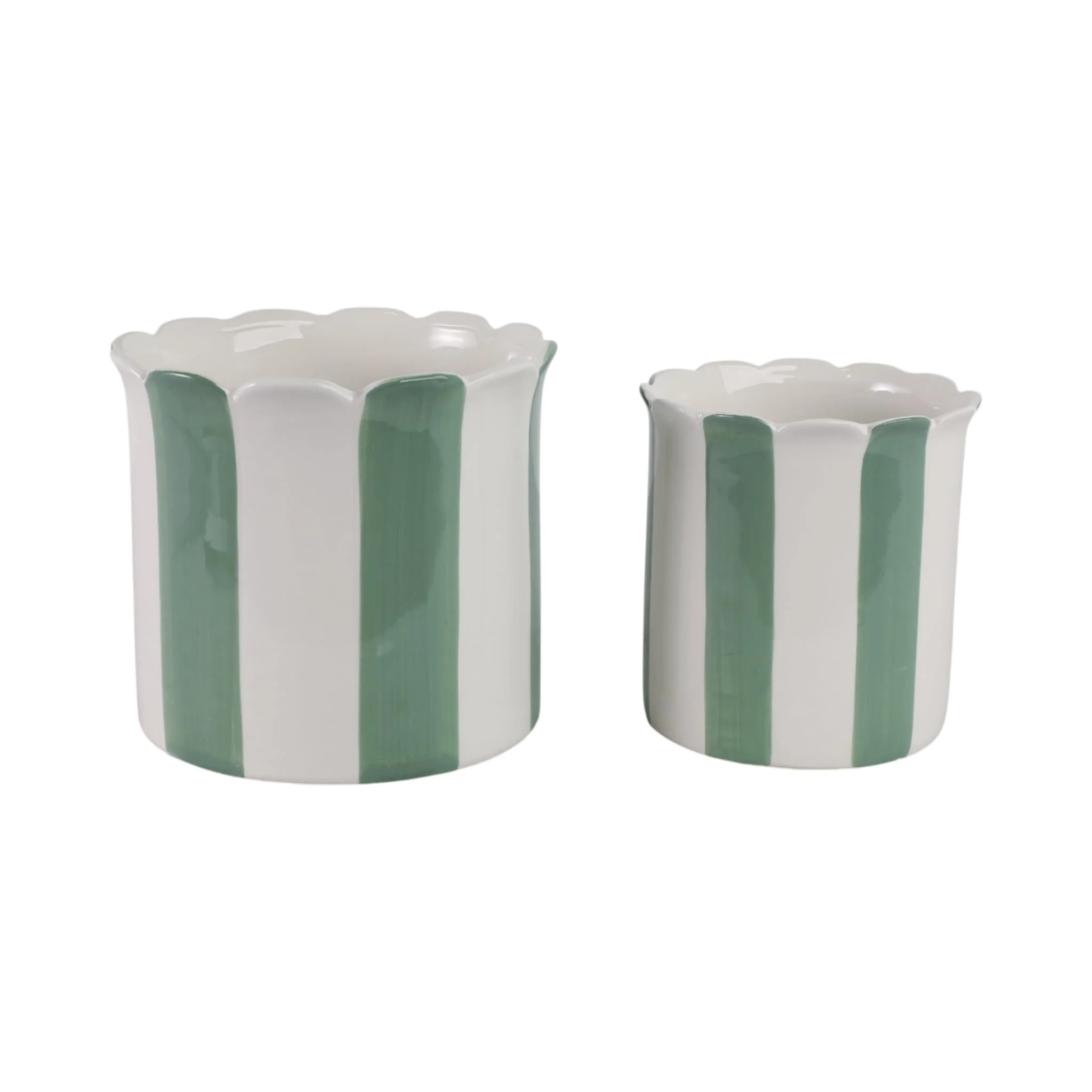 S/2 6/8" Striped Scallop Edge Planters, White/gn - Image 3