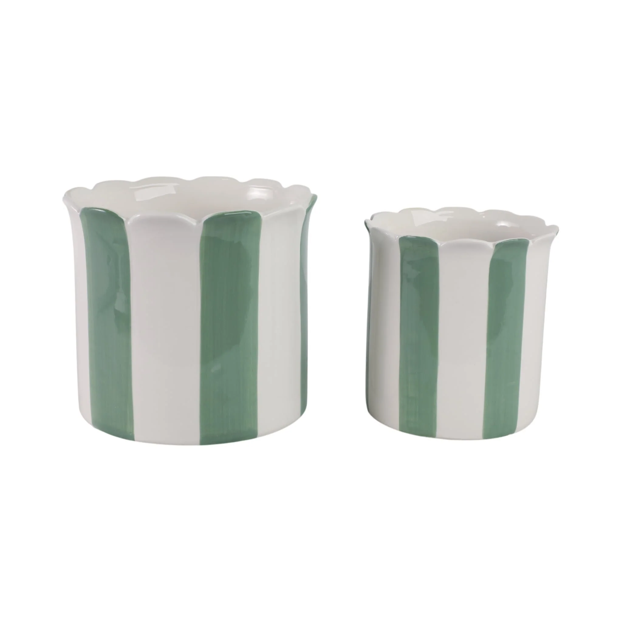 S/2 6/8" Striped Scallop Edge Planters, White/gn - Image 4