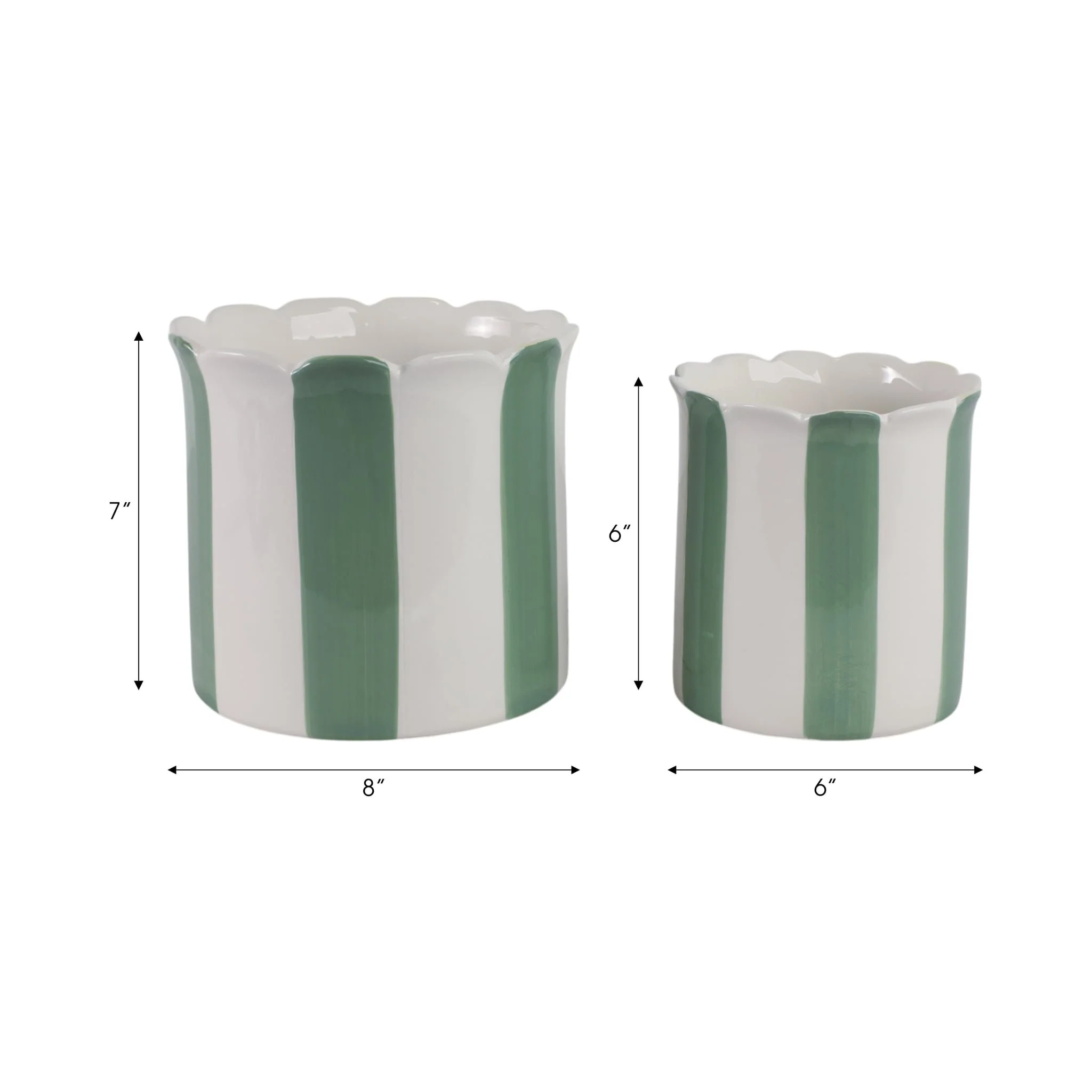 S/2 6/8" Striped Scallop Edge Planters, White/gn - Image 9