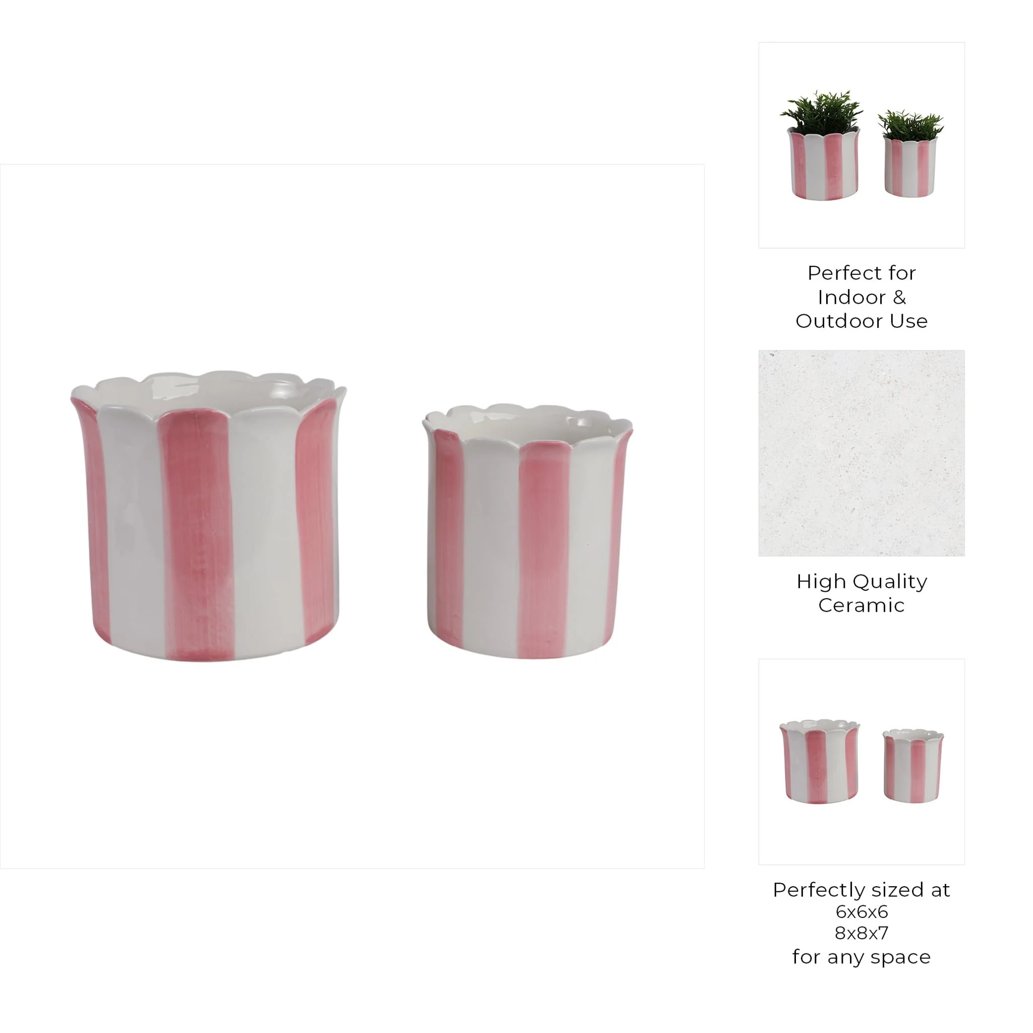 S/2 6/8" Striped Scallop Edge Planters, White/pink - Image 10