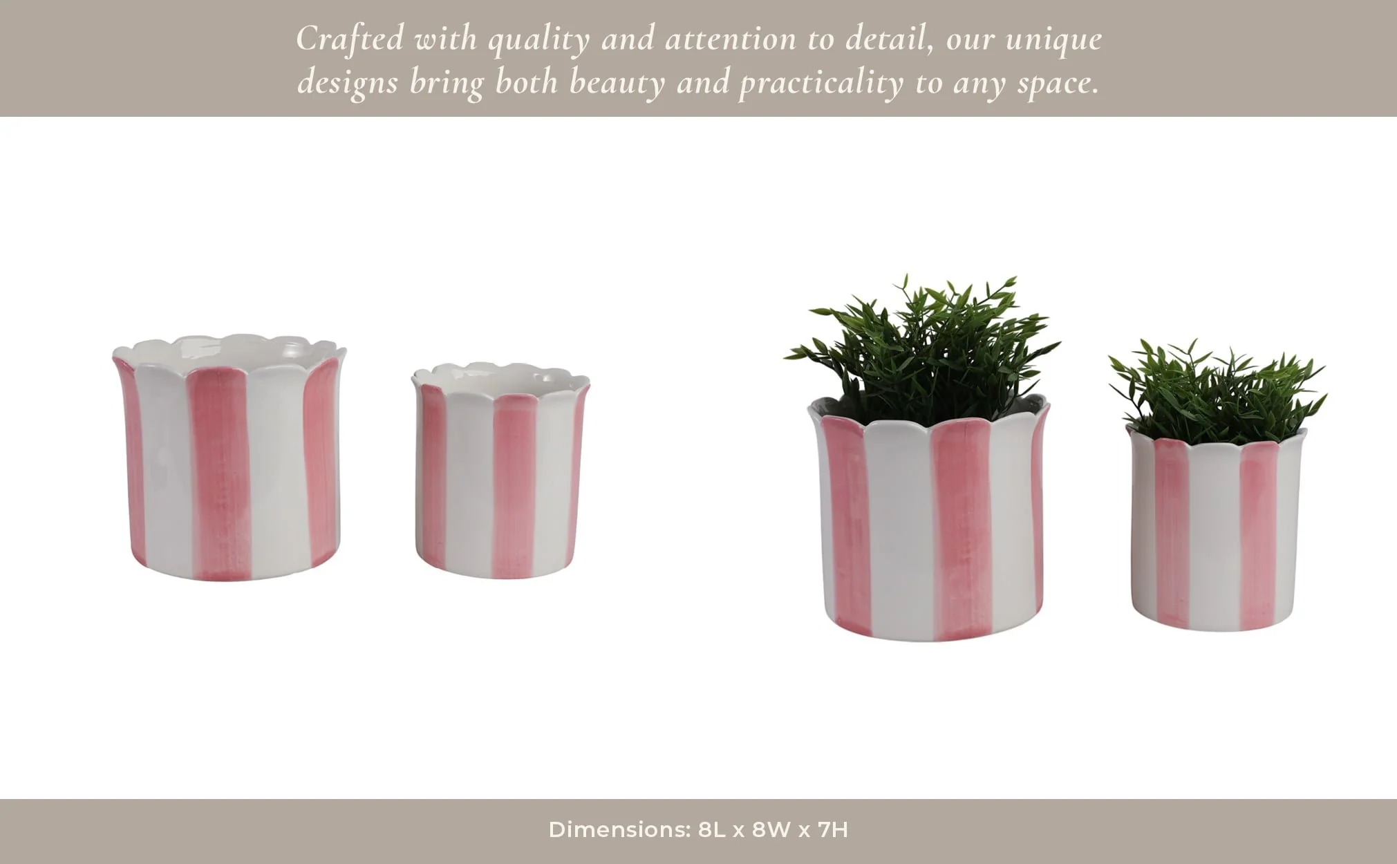 S/2 6/8" Striped Scallop Edge Planters, White/pink - Image 13