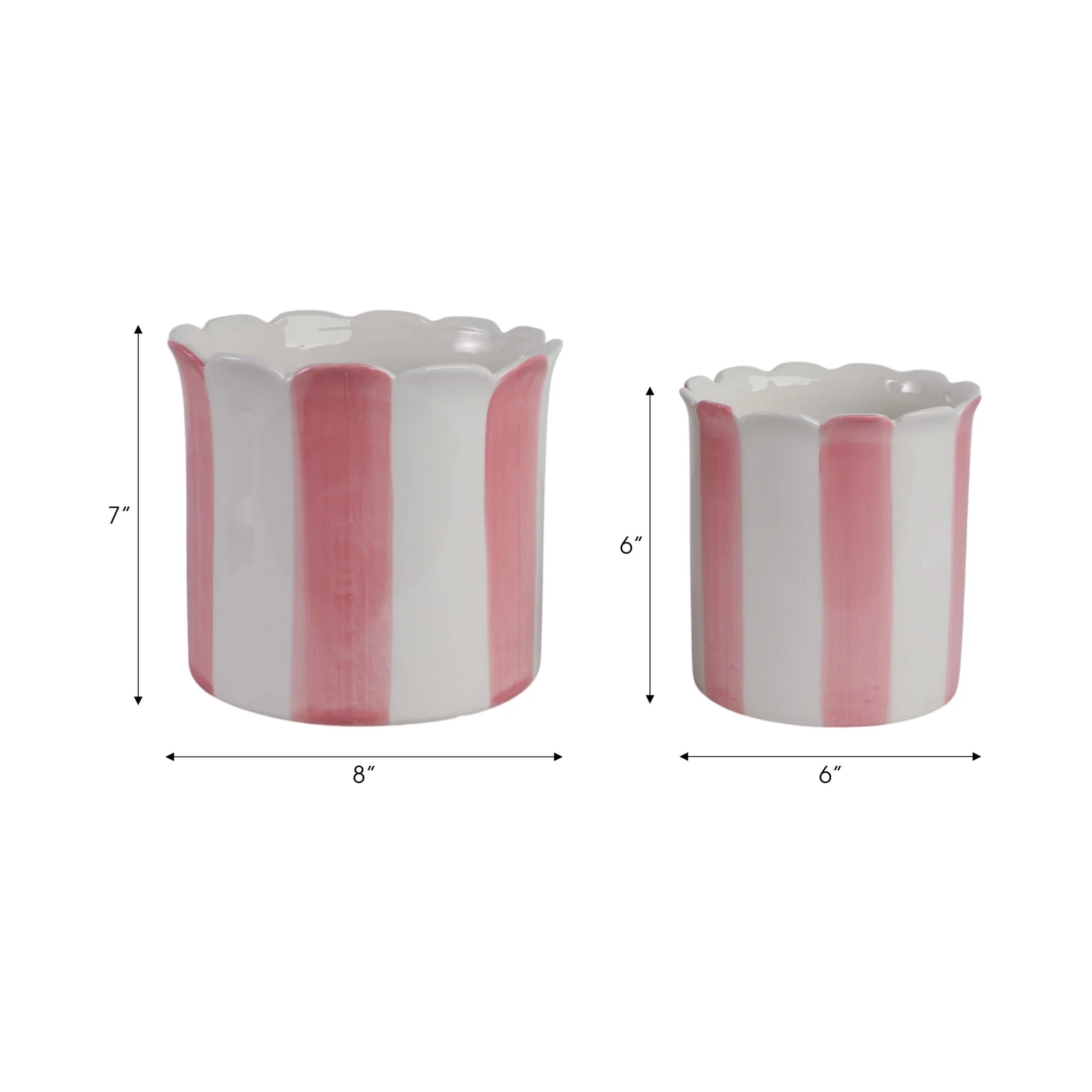 S/2 6/8" Striped Scallop Edge Planters, White/pink - Image 9