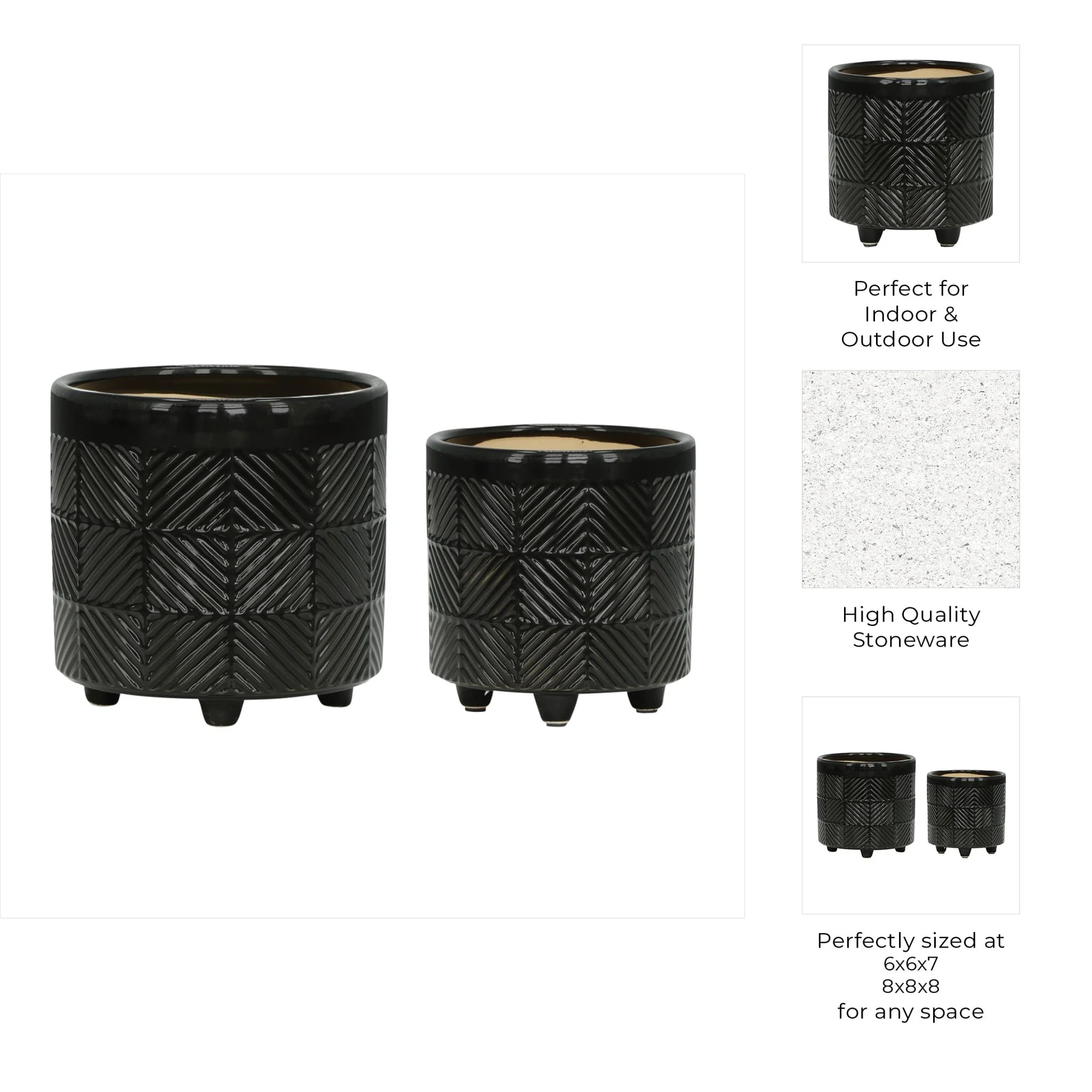 S/2 6/8" Textured Planters, Shiny Black - Image 5
