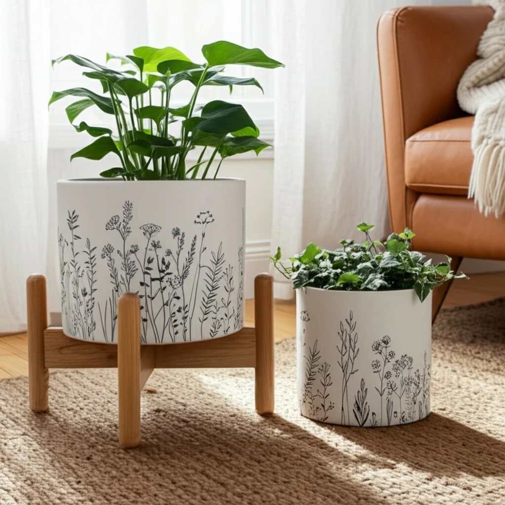 S/2 6/8" Wildflower Field Planters, White/navy - Image 8