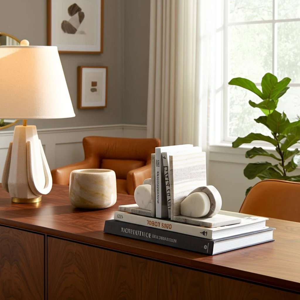 S/2 6" Eared Onyx & White Marble Bookends, Beige - Image 10