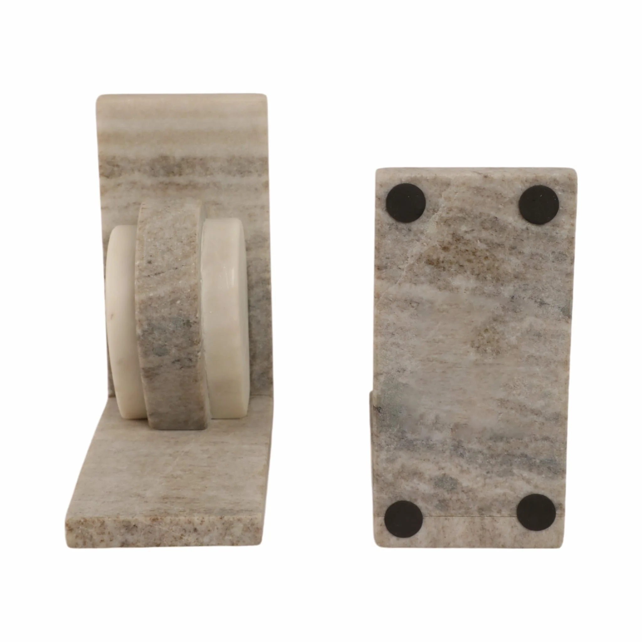 S/2 6" Eared Onyx & White Marble Bookends, Beige - Image 6