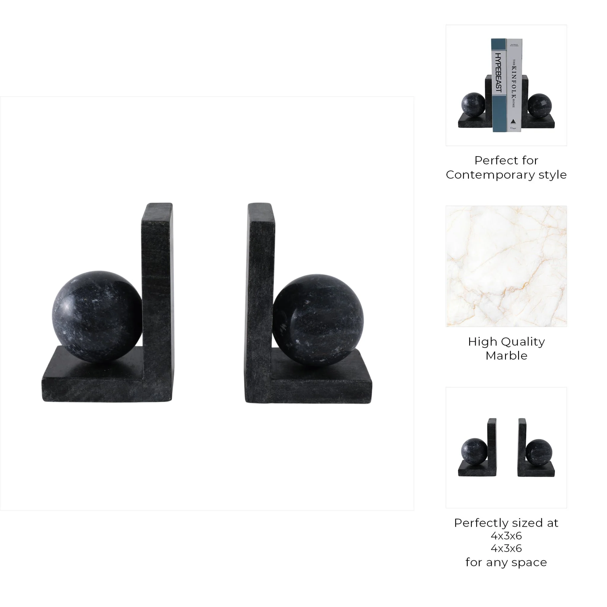 S/2 6" Marble Bookend With 3" Orb, Black - Image 8