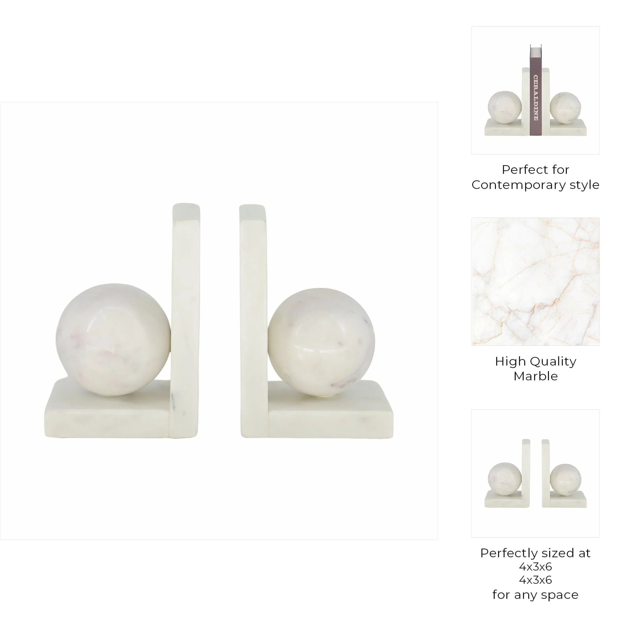 S/2 6" Marble Bookend With 3" Orb, White - Image 8