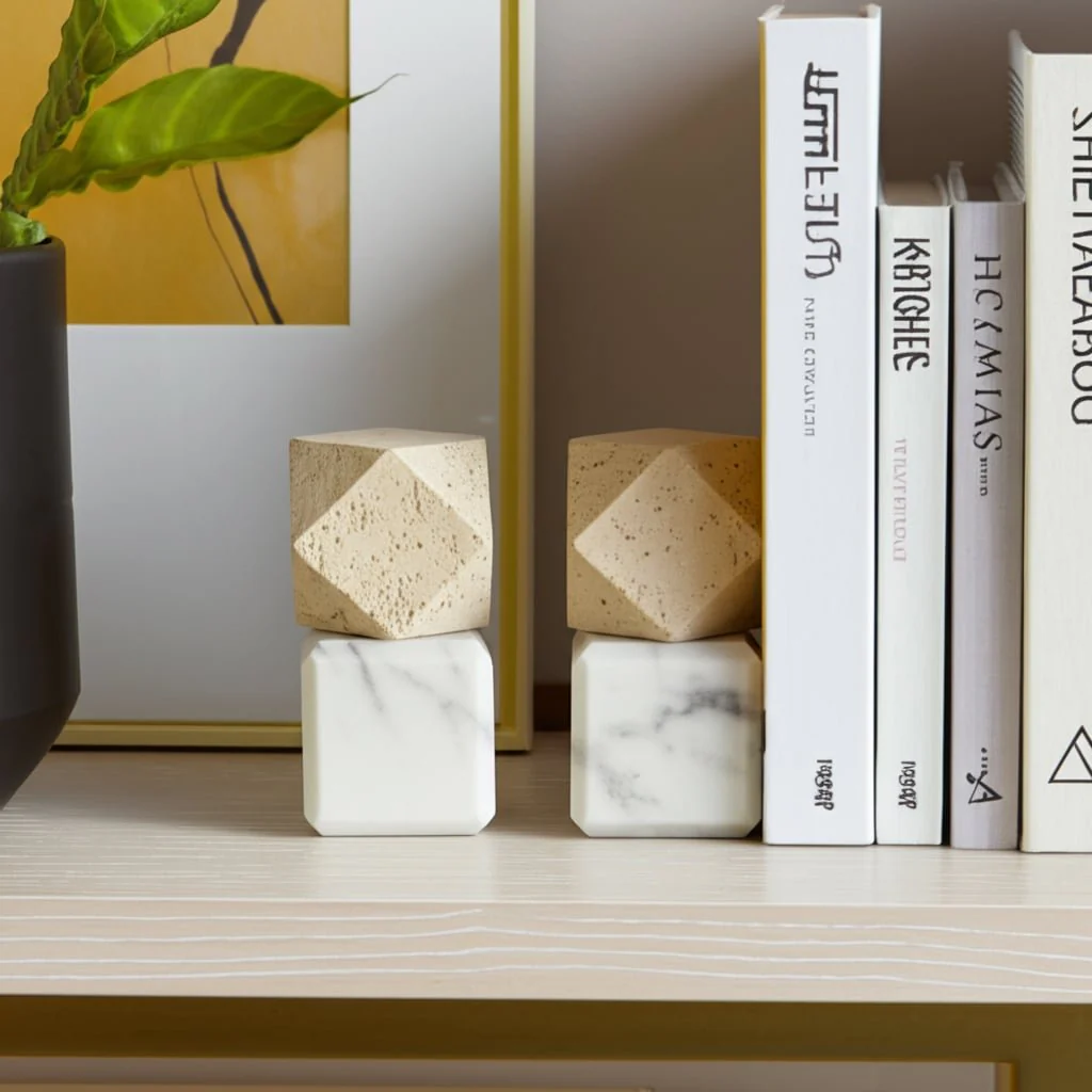 S/2 6" Marble Bookends W/ Travertine Hex Orb, Tan/ - Image 11