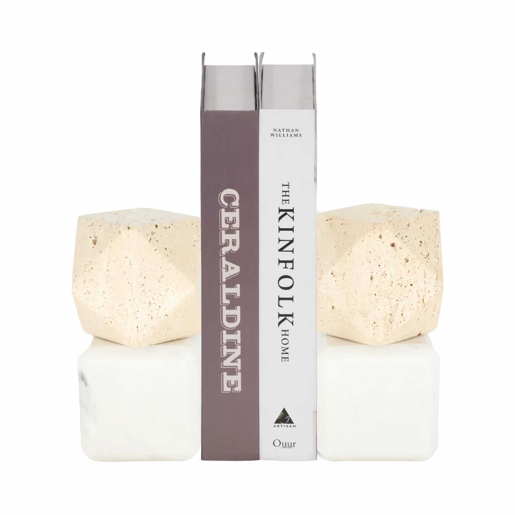 S/2 6" Marble Bookends W/ Travertine Hex Orb, Tan/ - Image 2