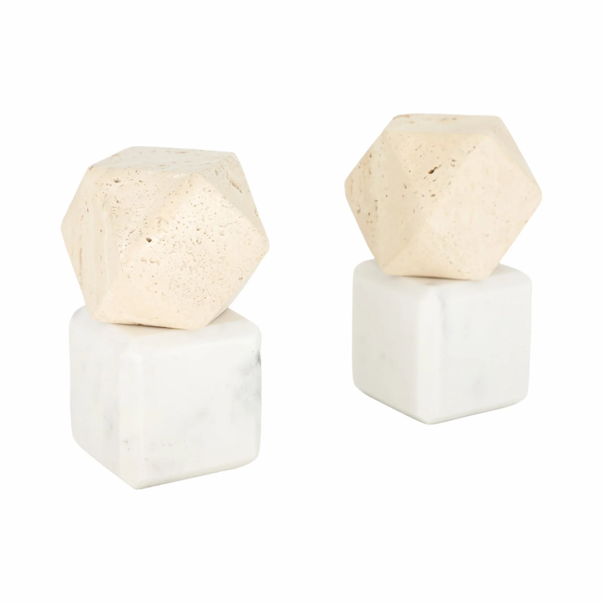S/2 6" Marble Bookends W/ Travertine Hex Orb, Tan/ - Image 3