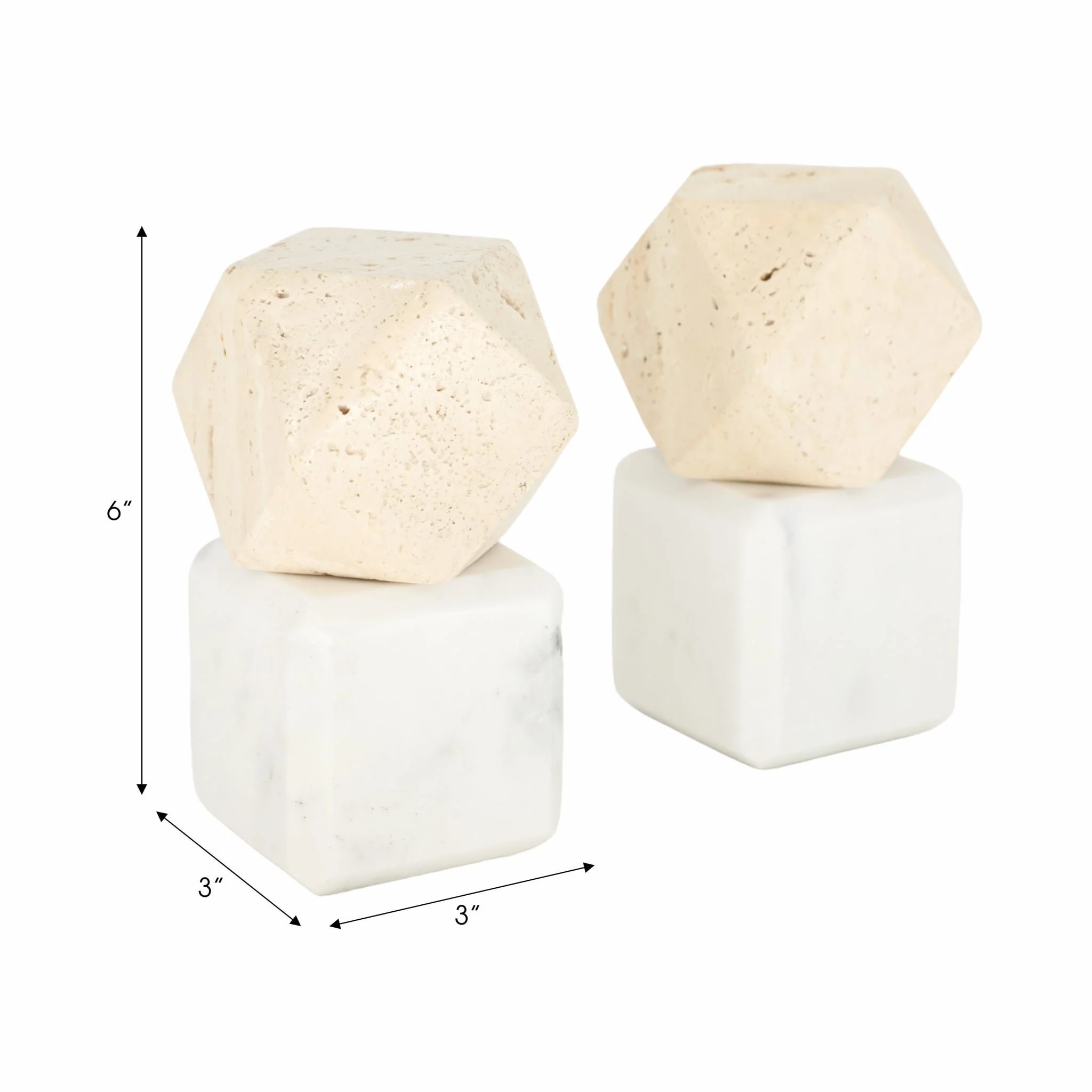 S/2 6" Marble Bookends W/ Travertine Hex Orb, Tan/ - Image 7