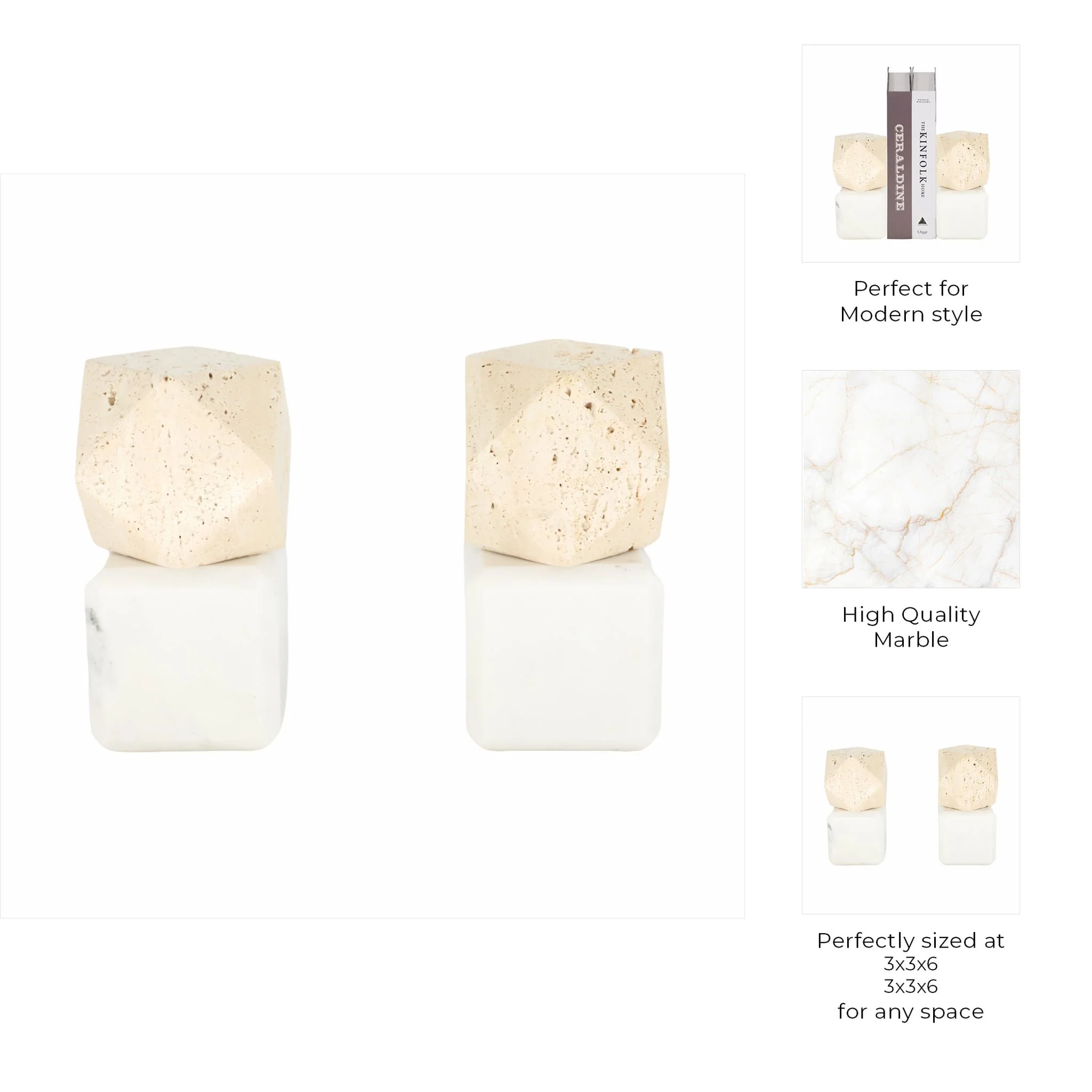 S/2 6" Marble Bookends W/ Travertine Hex Orb, Tan/ - Image 8