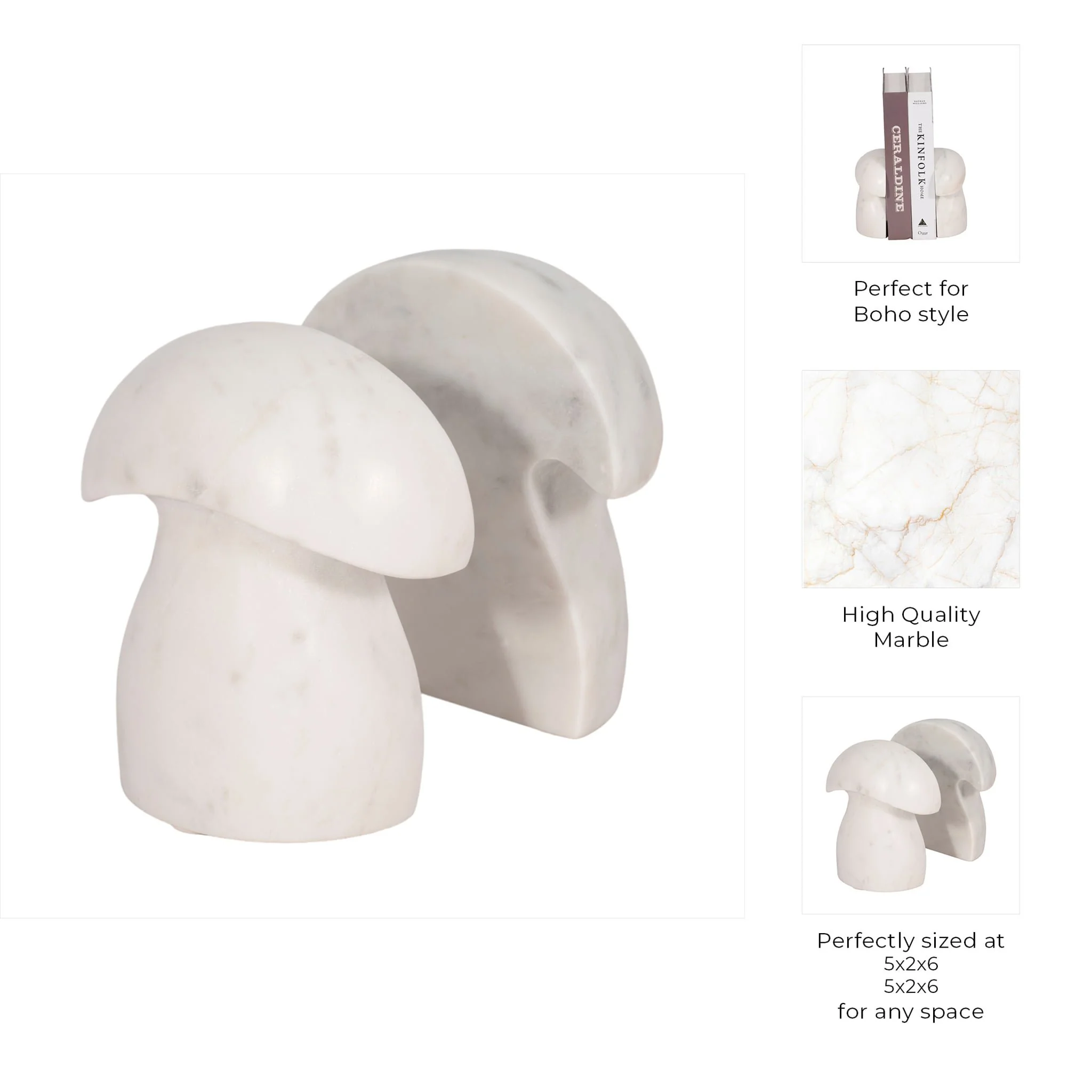 S/2 6" Marble Mushroom Bookends, White - Image 8
