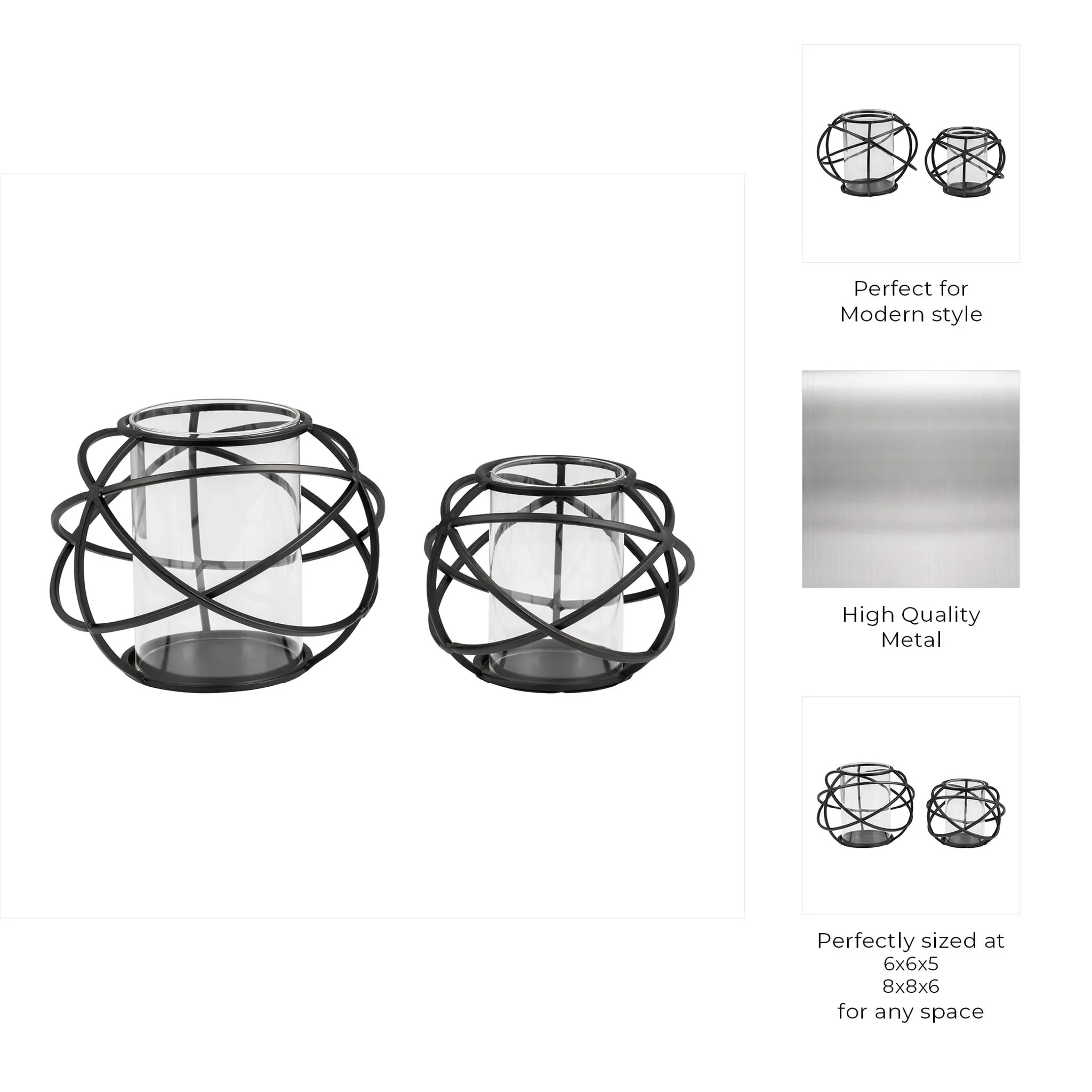 S/2 6" Orb Candle Holder , Black - Image 9
