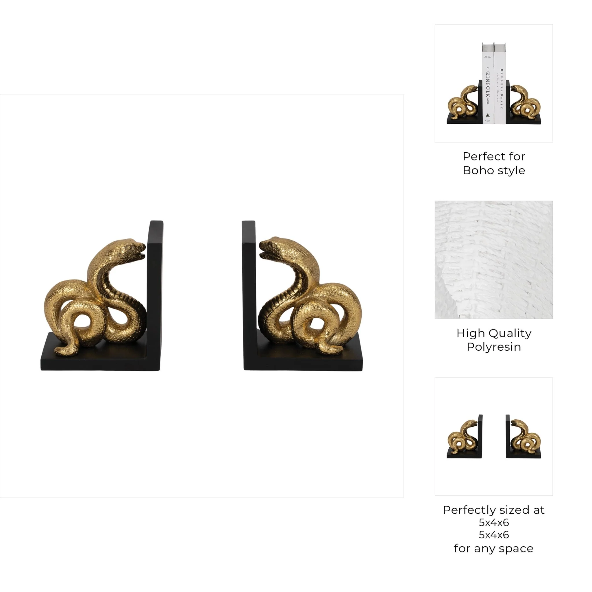 S/2 6" Snake Bookends, Gold/black - Image 8