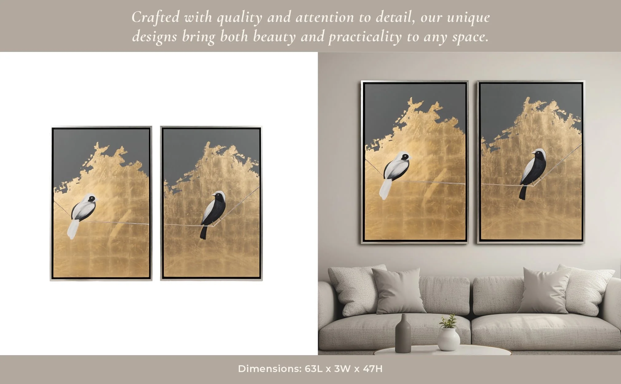 S/2 63x47 Hand Painted Birds On Wire, Gold - Image 11