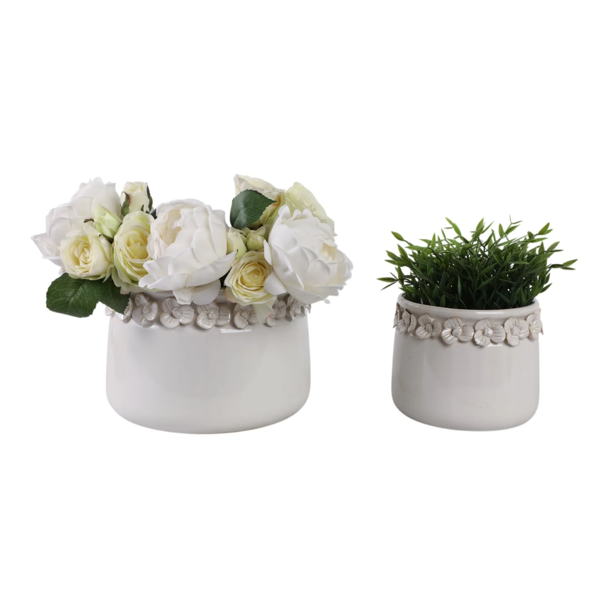 S/2 7/10" Floral Applique Planter,  Ivory - Image 2