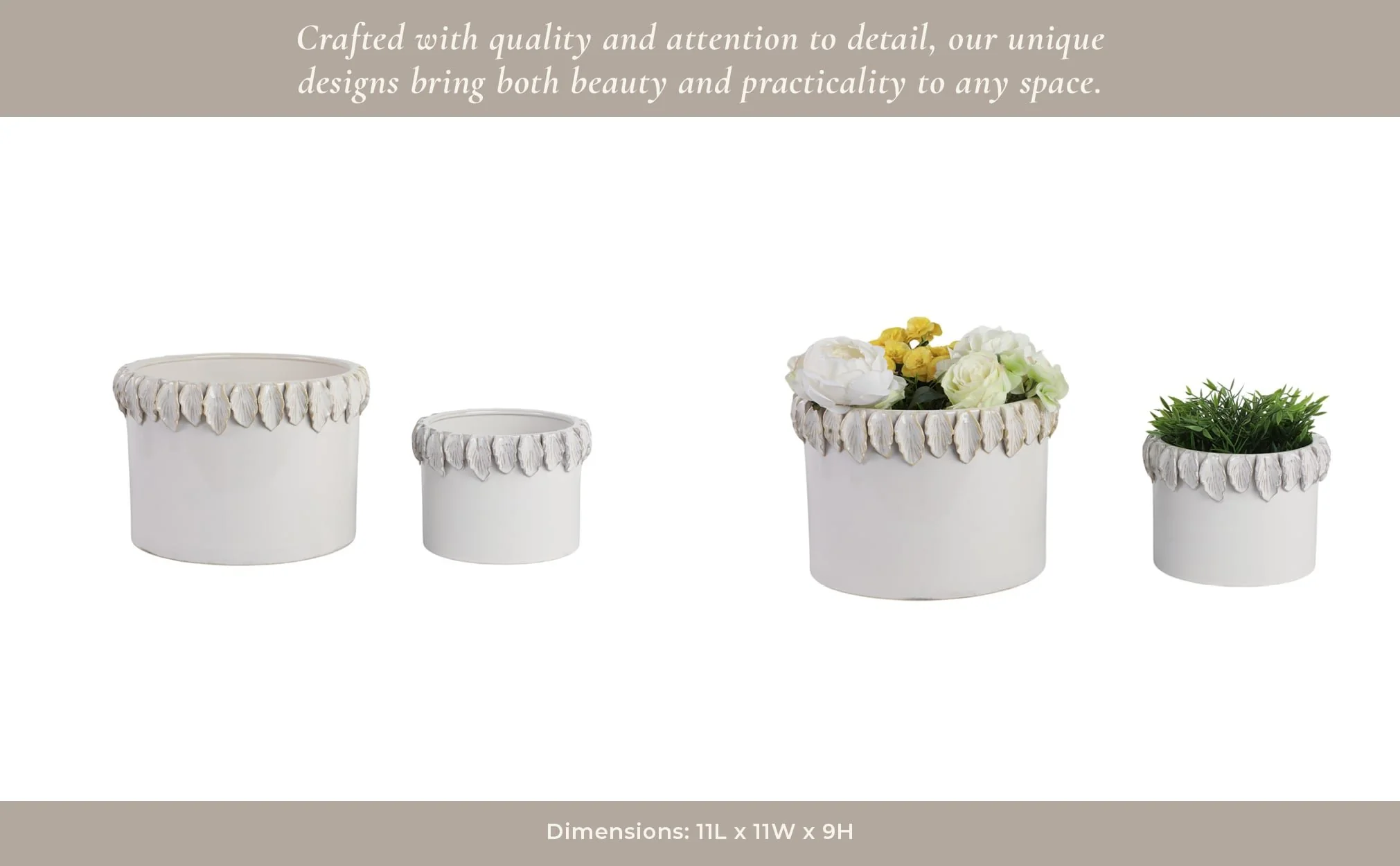 S/2 7/11" Leaf Applique Planters, White - Image 13