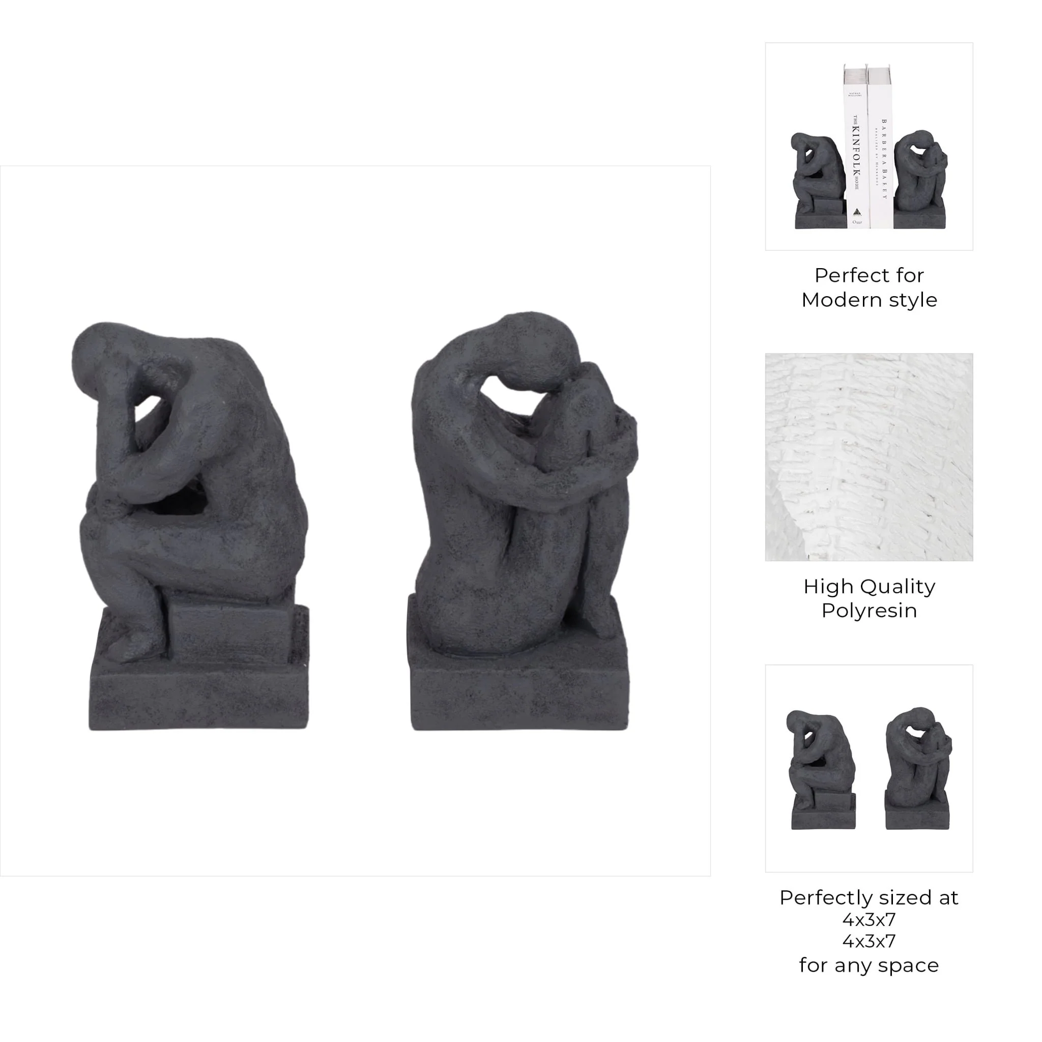 S/2 7" Thinking Man Bookends, Charcoal - Image 8