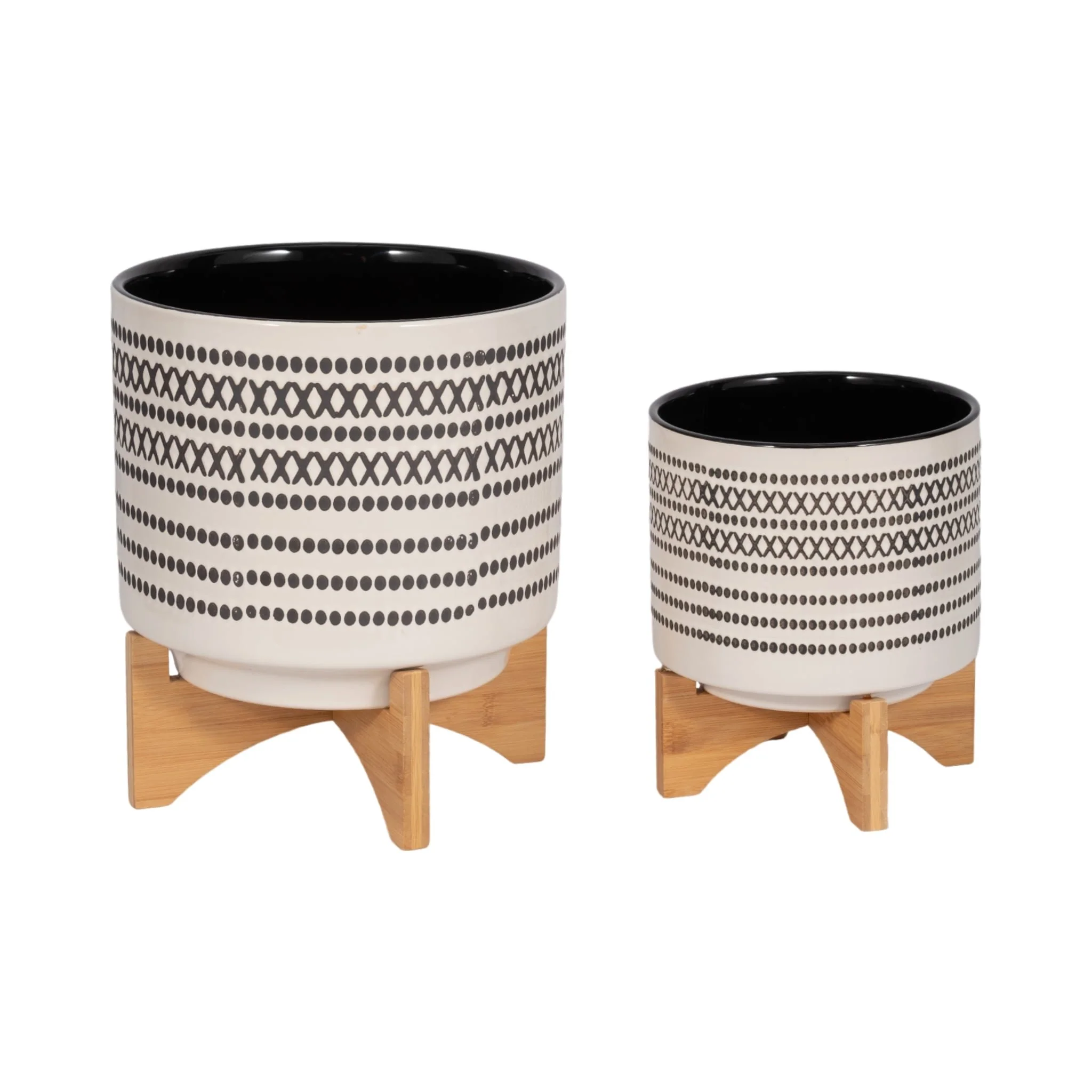 S/2 8/10" Aztec Planter W/ Wood Stand, Gray - Image 3