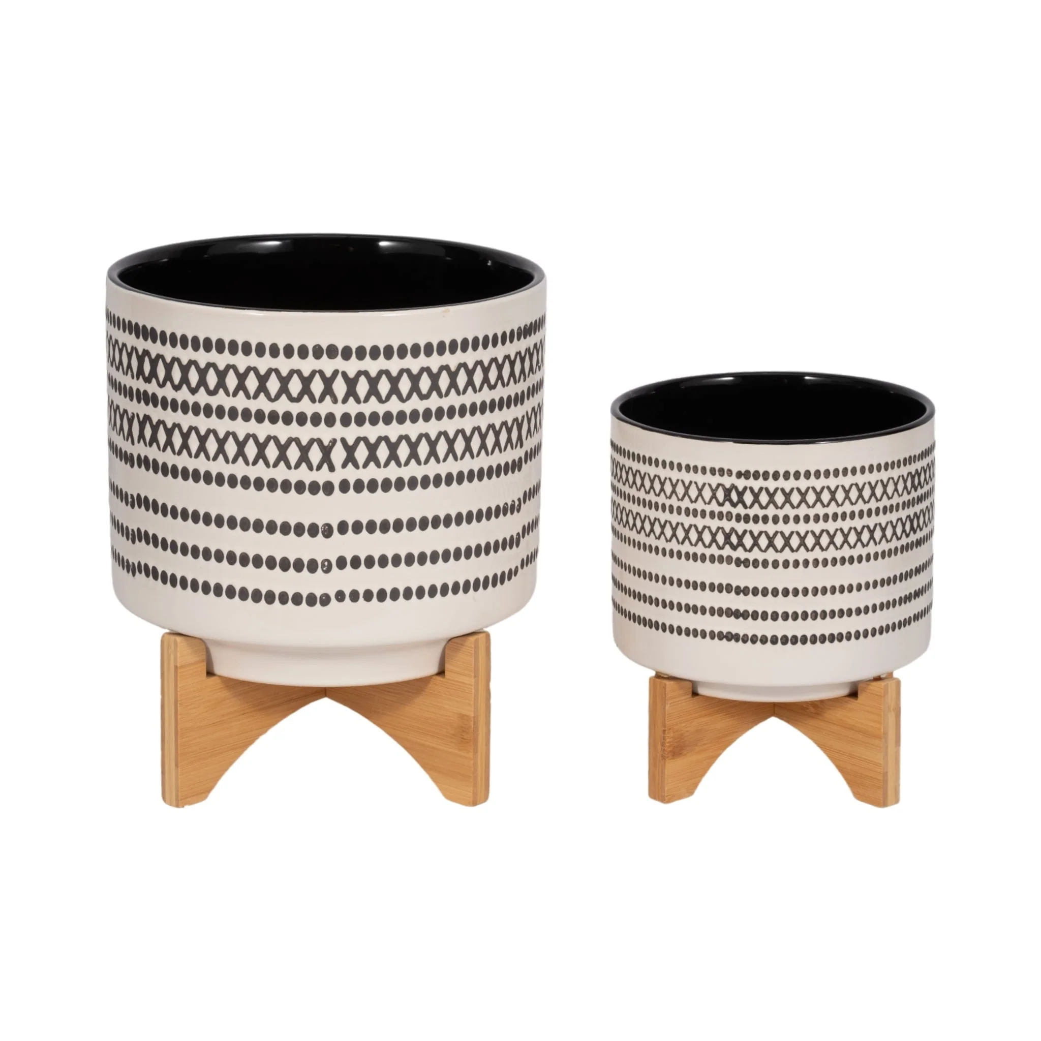 S/2 8/10" Aztec Planter W/ Wood Stand, Gray - Image 4