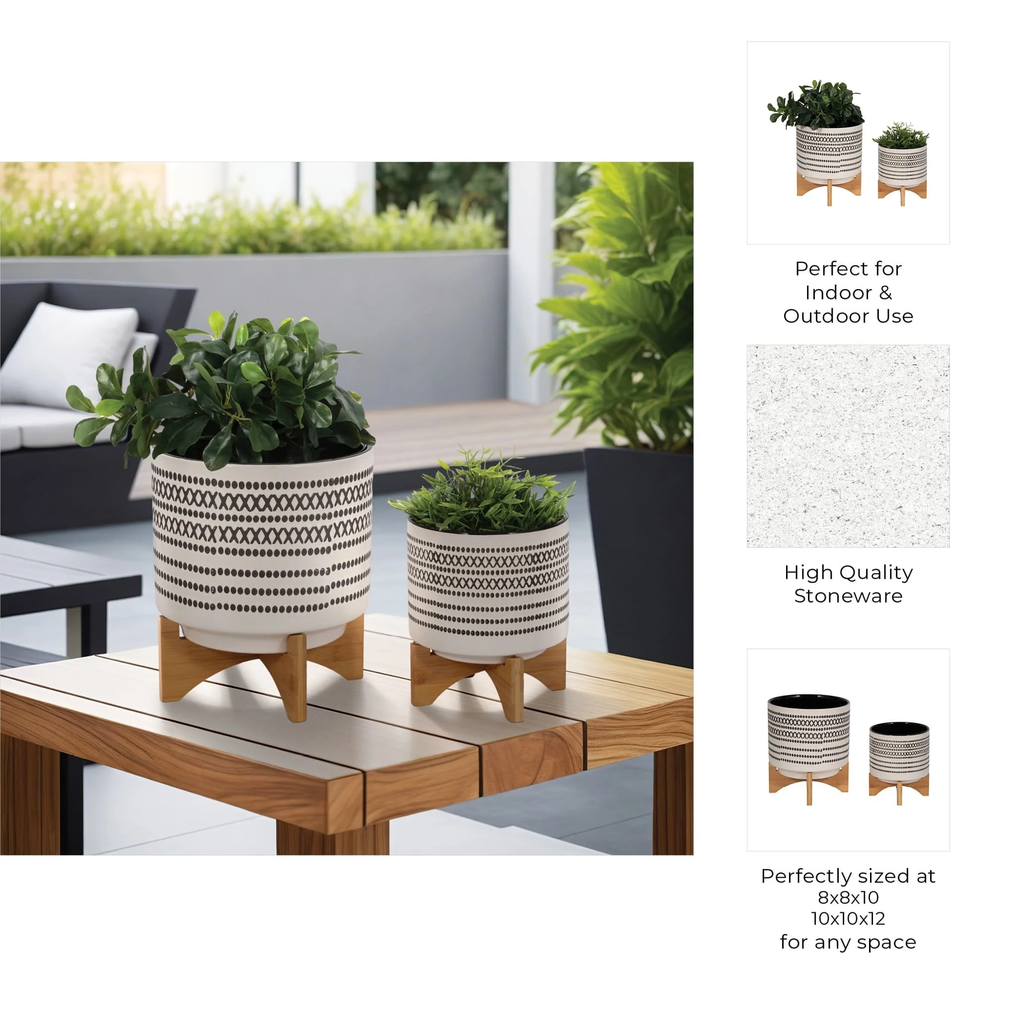 S/2 8/10" Aztec Planter W/ Wood Stand, Gray - Image 9
