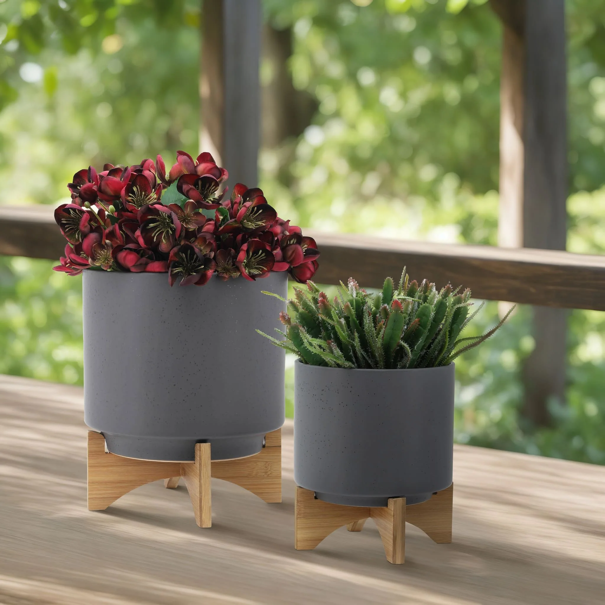 S/2 8/10" Planter W/ Wood Stand, Matte Gray - Image 11