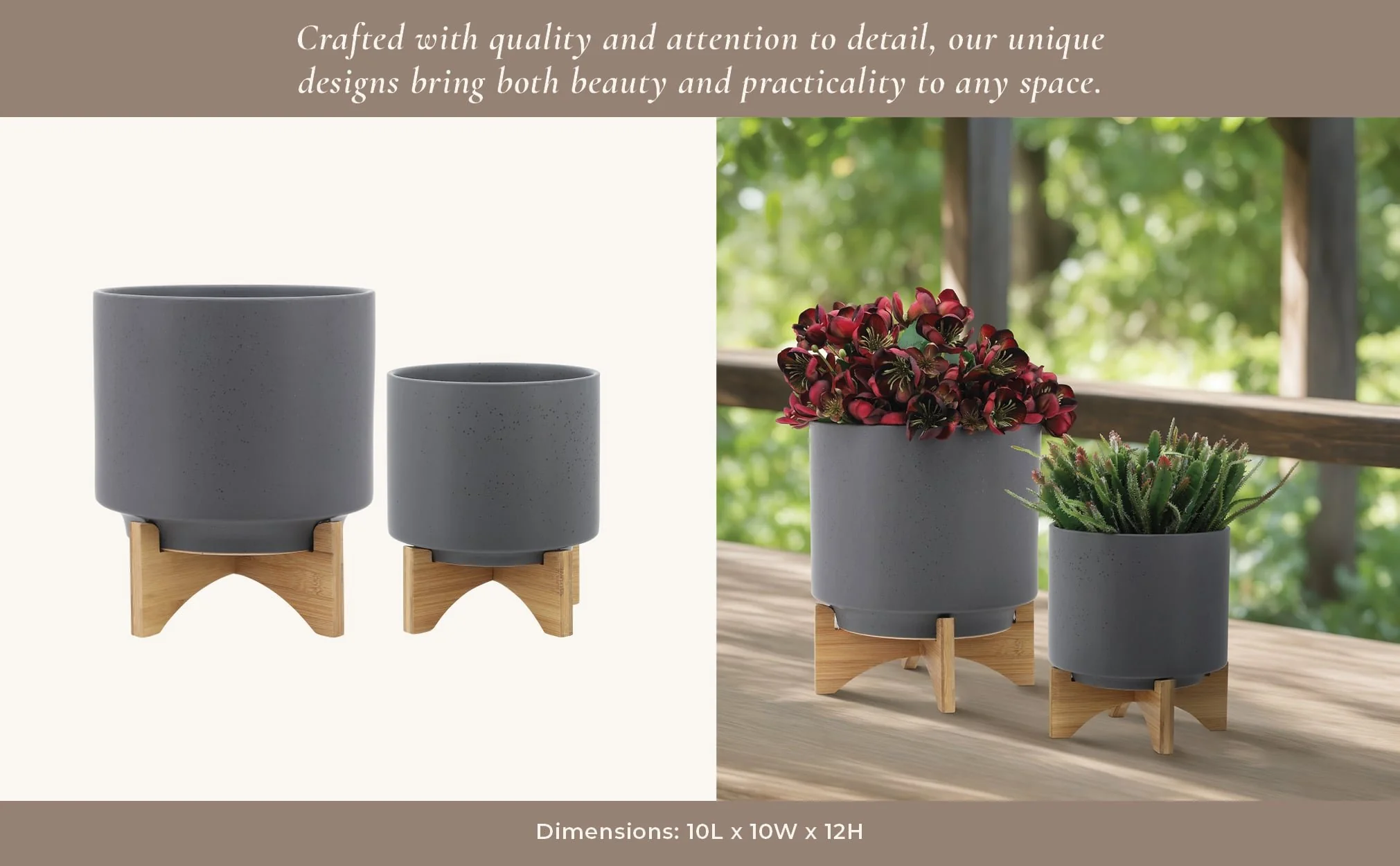S/2 8/10" Planter W/ Wood Stand, Matte Gray - Image 12