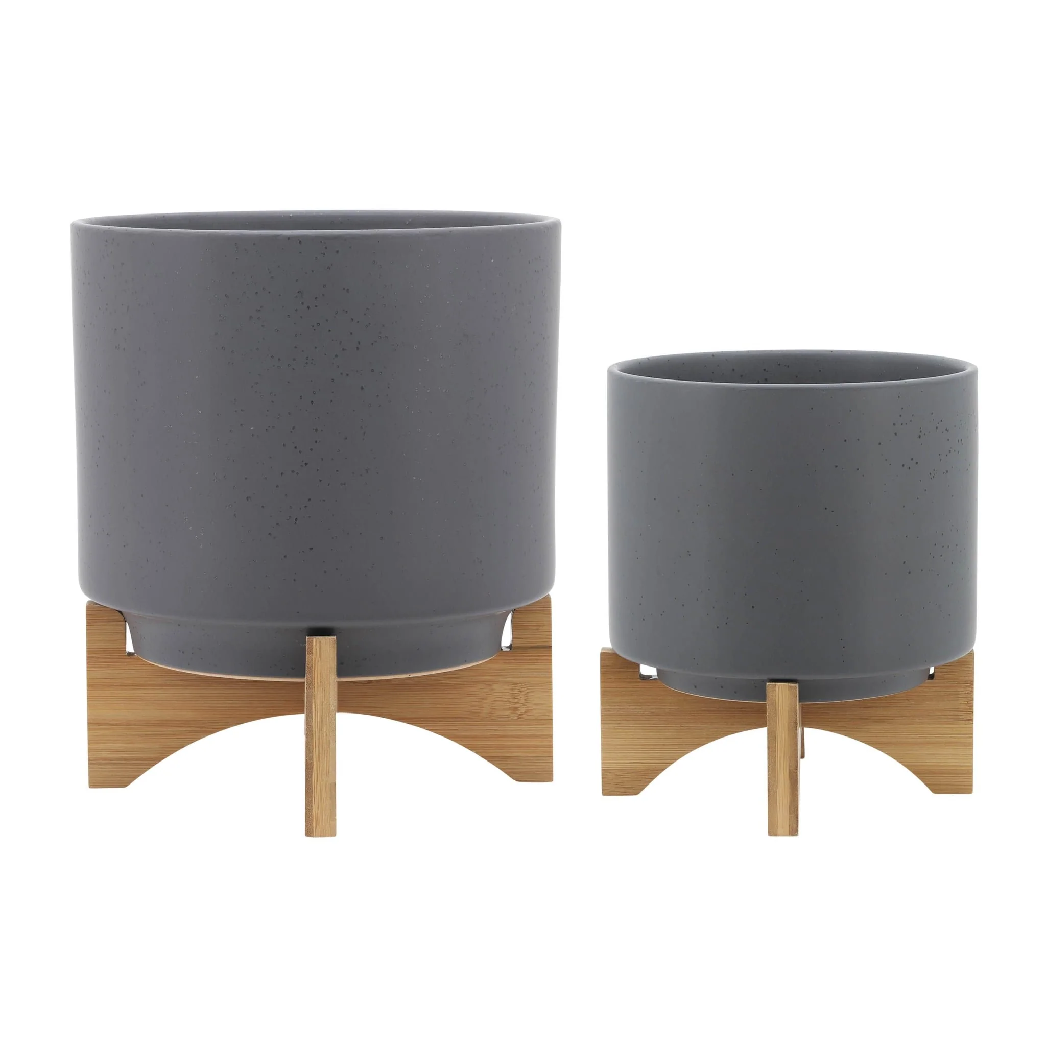 S/2 8/10" Planter W/ Wood Stand, Matte Gray - Image 2