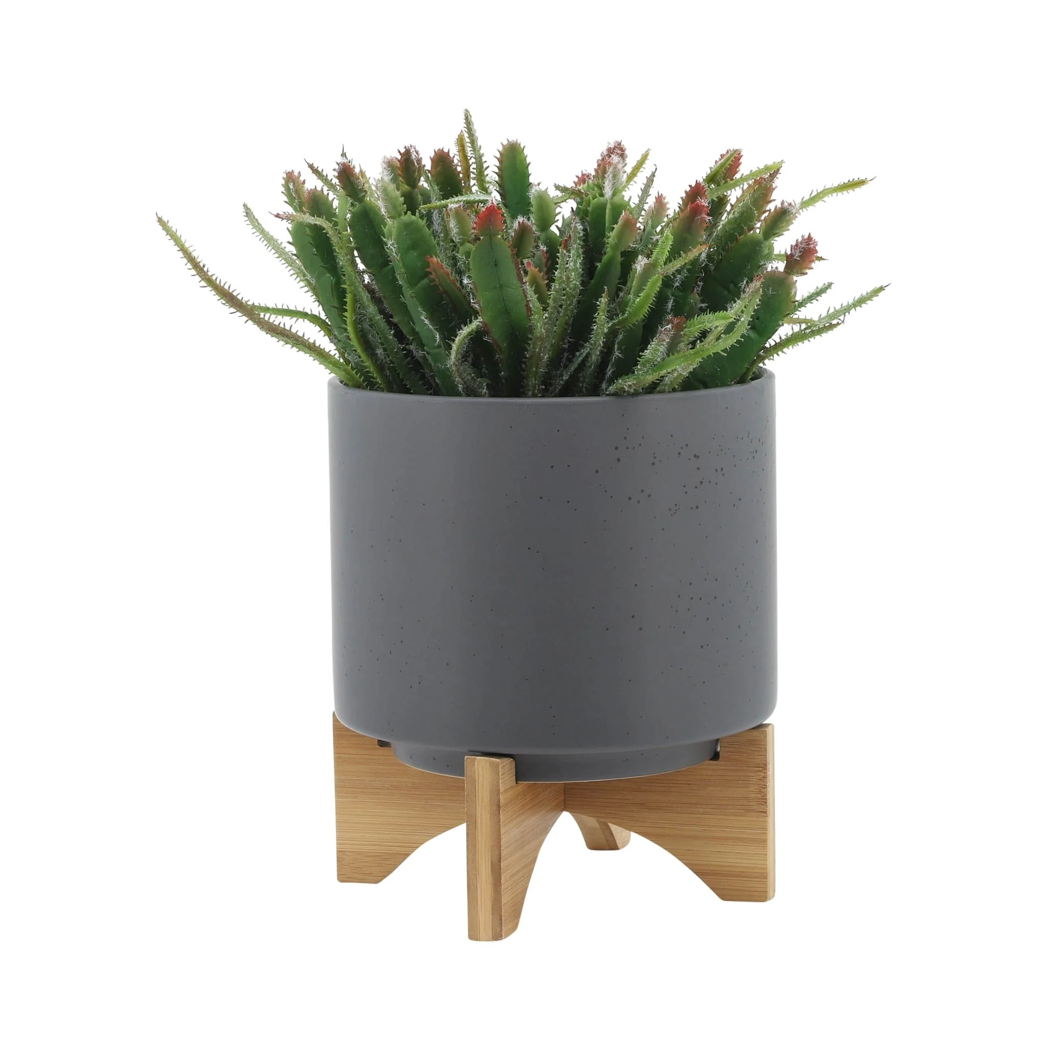 S/2 8/10" Planter W/ Wood Stand, Matte Gray - Image 4