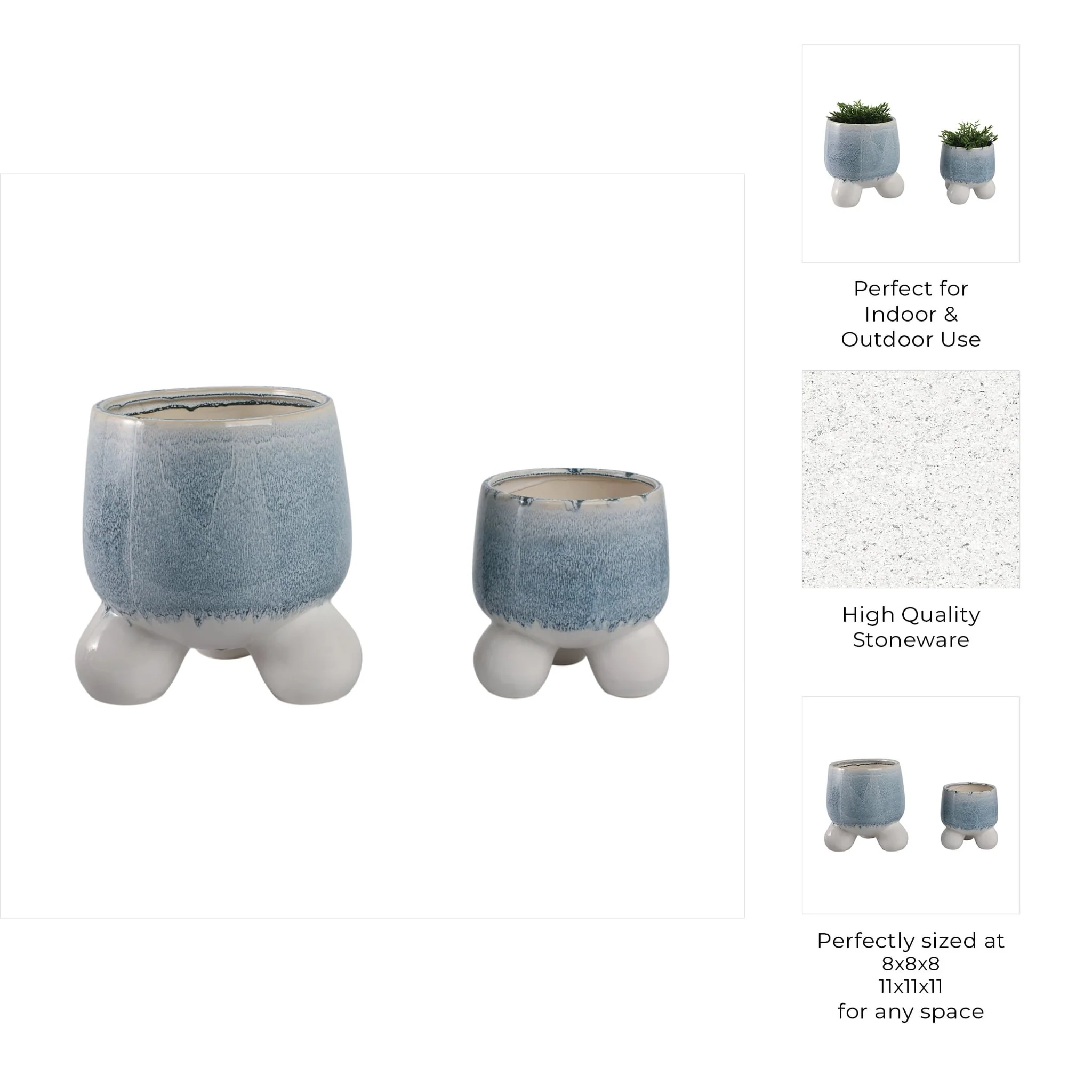 S/2 8/11" Knobby Footed Planters, Blue/white - Image 5