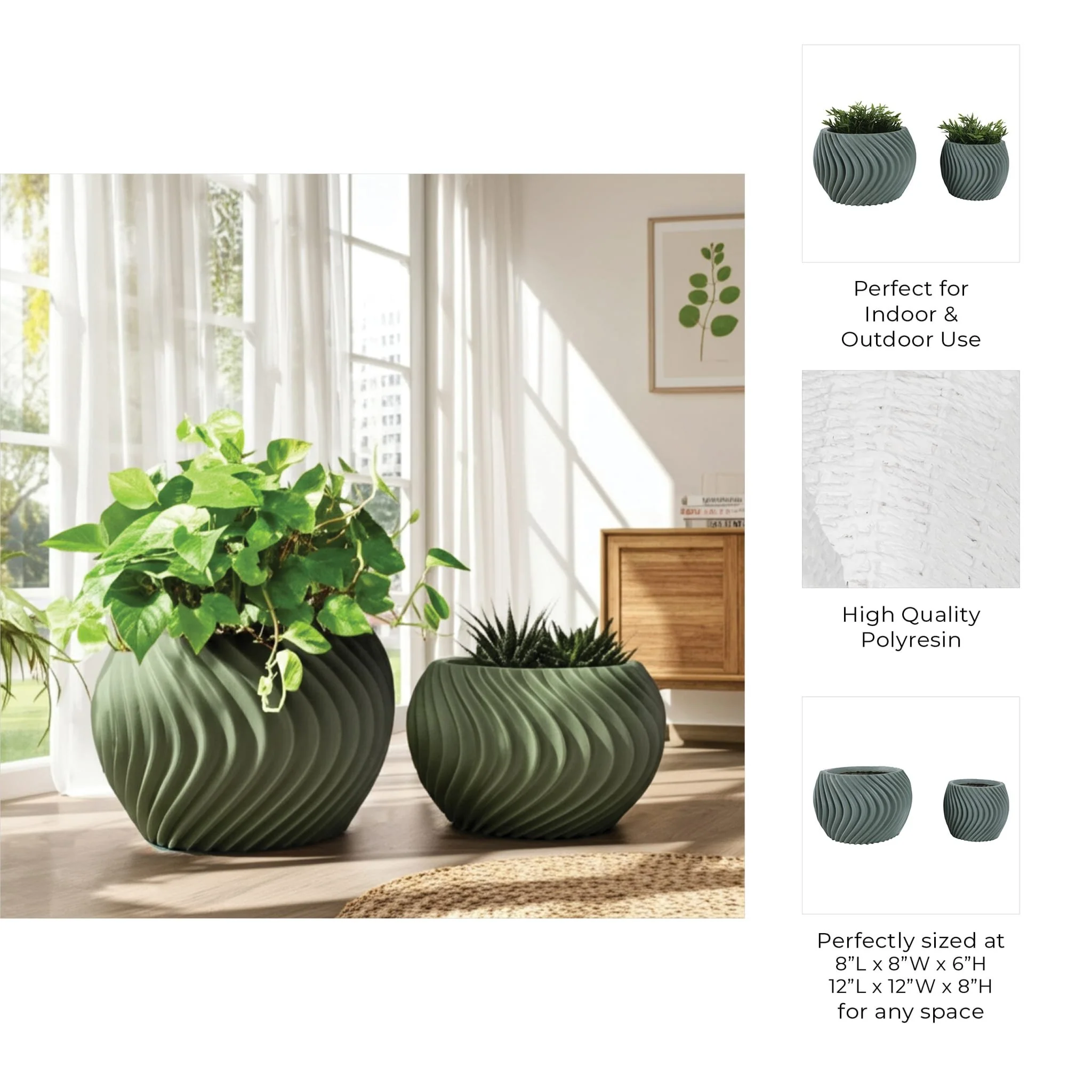 S/2 8/12" Curvy Lines Rounded Planter, Sage Green - Image 9