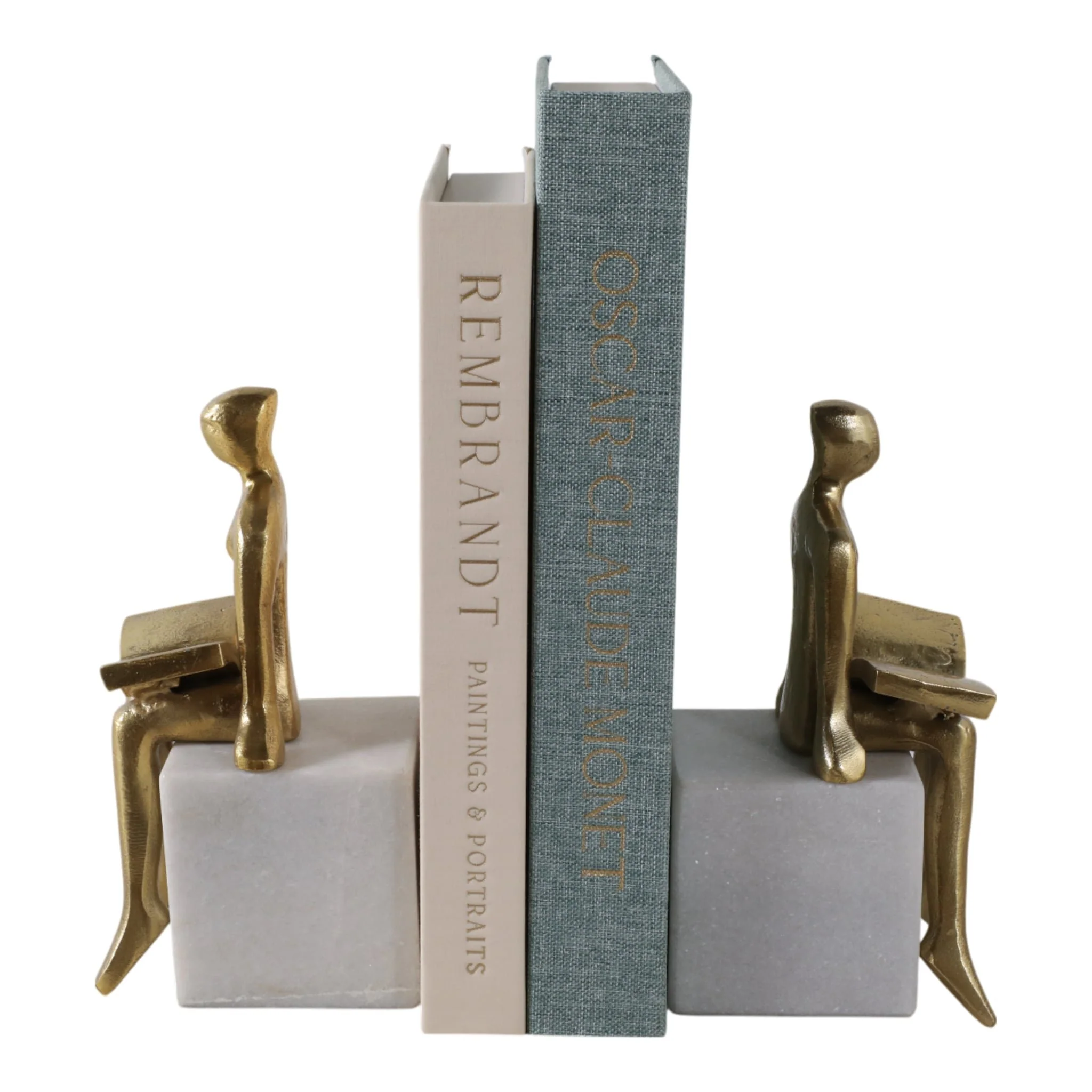 S/2 8" Reading On Marble Stand Bookends, Gold/whit - Image 2