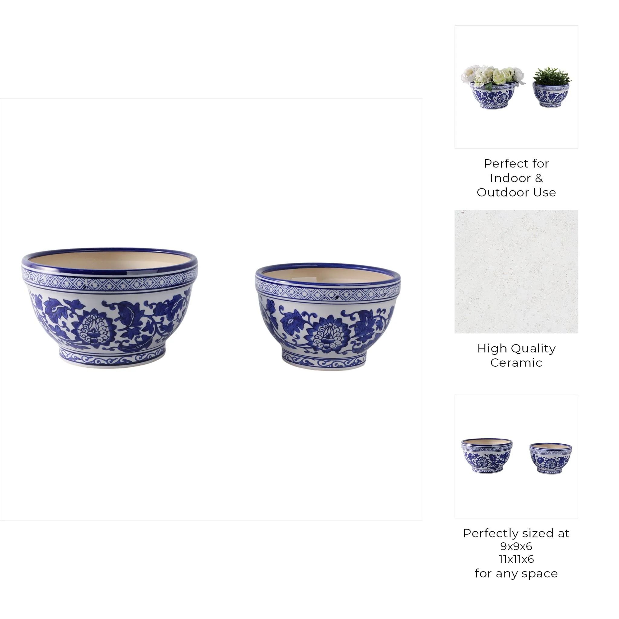 S/2 9/11" Bowl Chinoiserie Planters, Blue/wht - Image 9
