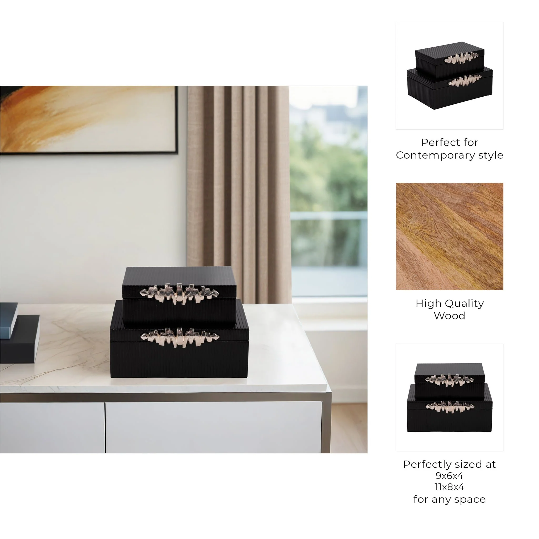 S/2 9/11" Boxes With Lines & Silver Handle, Black - Image 9