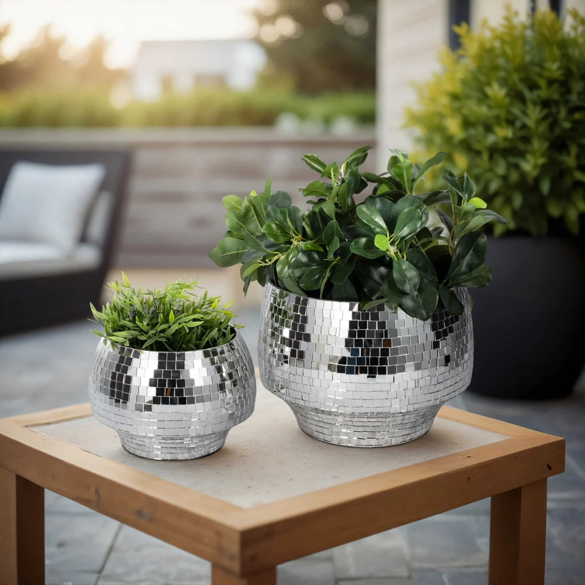 S/2 9/11" Curved Disco Mosaic Planter, Silver - Image 8