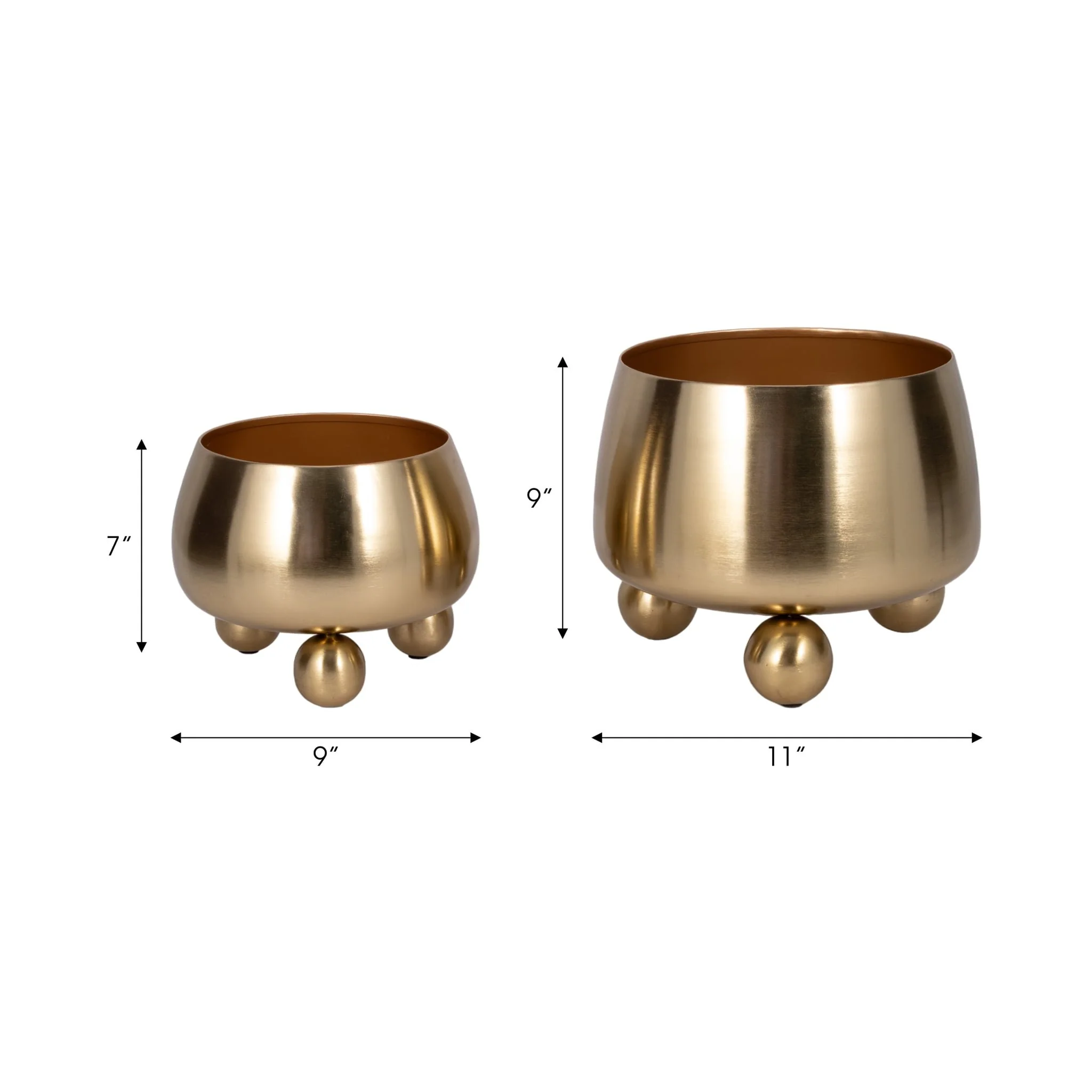 S/2 9/11" Round Metal Planters With Ball Feet, Gld - Image 6