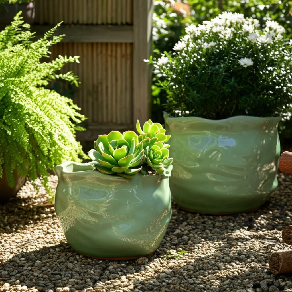 S/2 9/12" Round Wavy Edge Planters, Sage Green - Image 12
