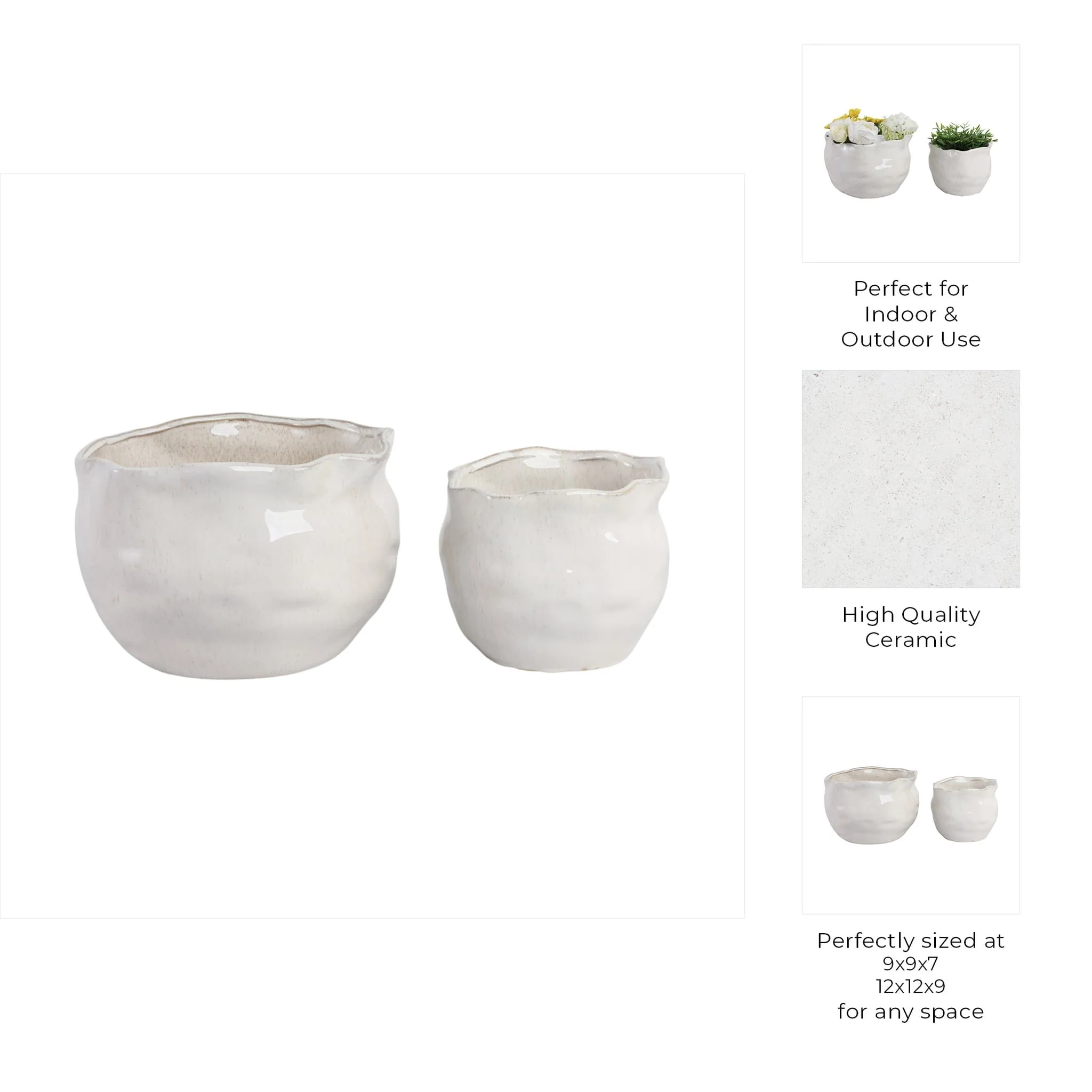 S/2 9/12" Round Wavy Edge Planters, White - Image 8
