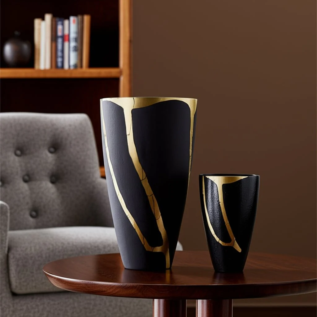 S/2 9/14", Metal  Cracked Design  Vases, Brass/cha - Image 12