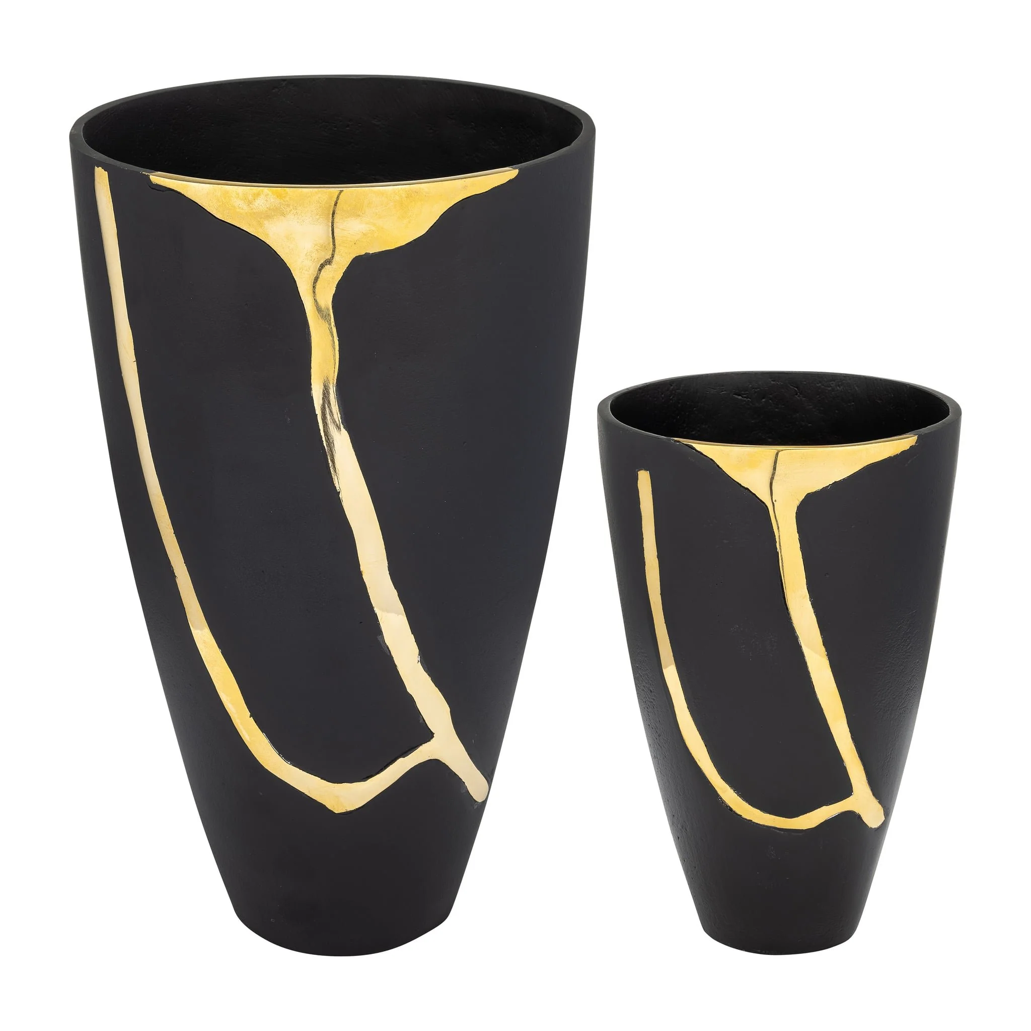 S/2 9/14", Metal  Cracked Design  Vases, Brass/cha - Image 2